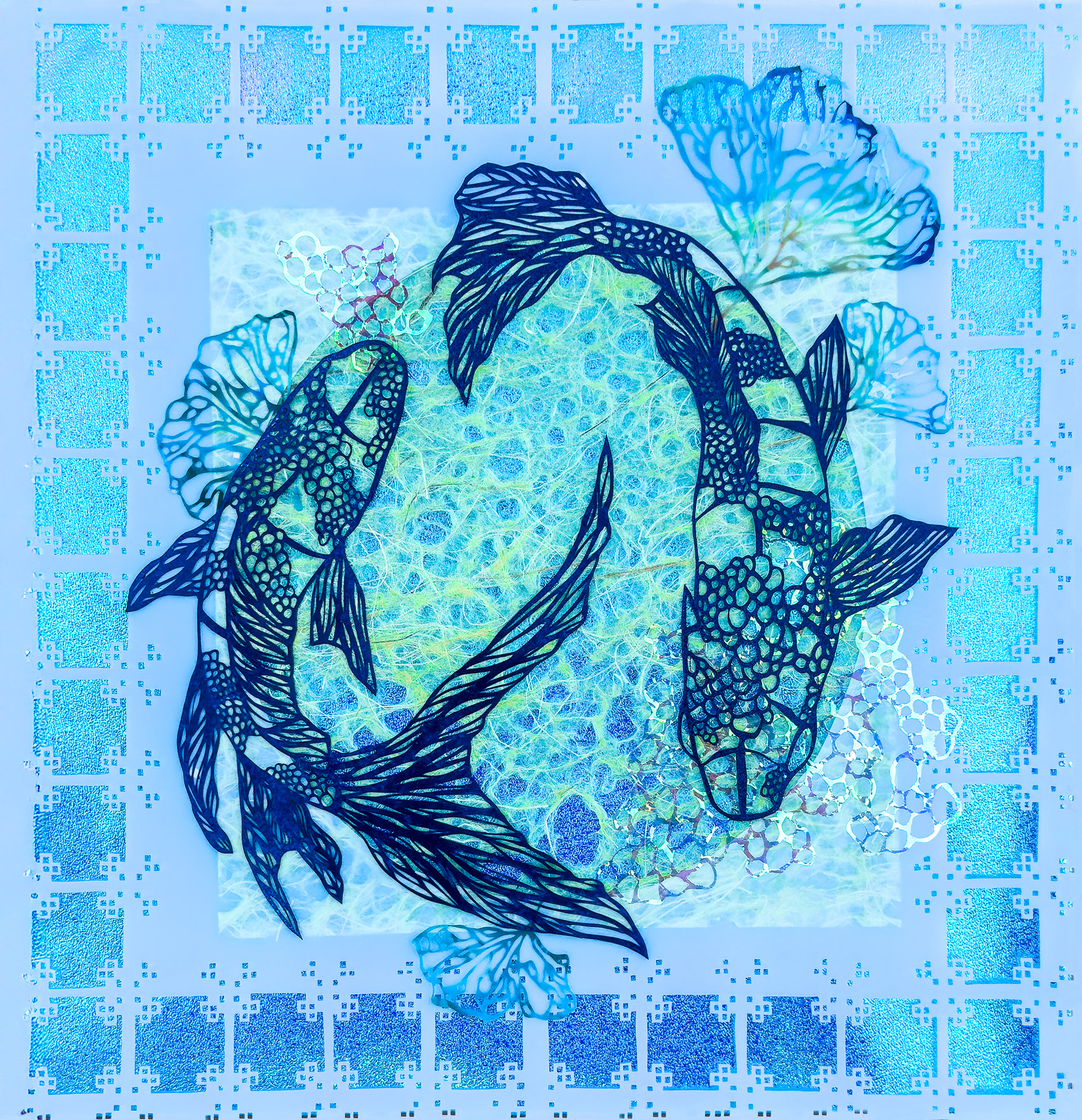 Creatures Under the Moonlit Tide, hand cut paper, dura-lar, cellophane, paper, 14 x 14 inches, 2025