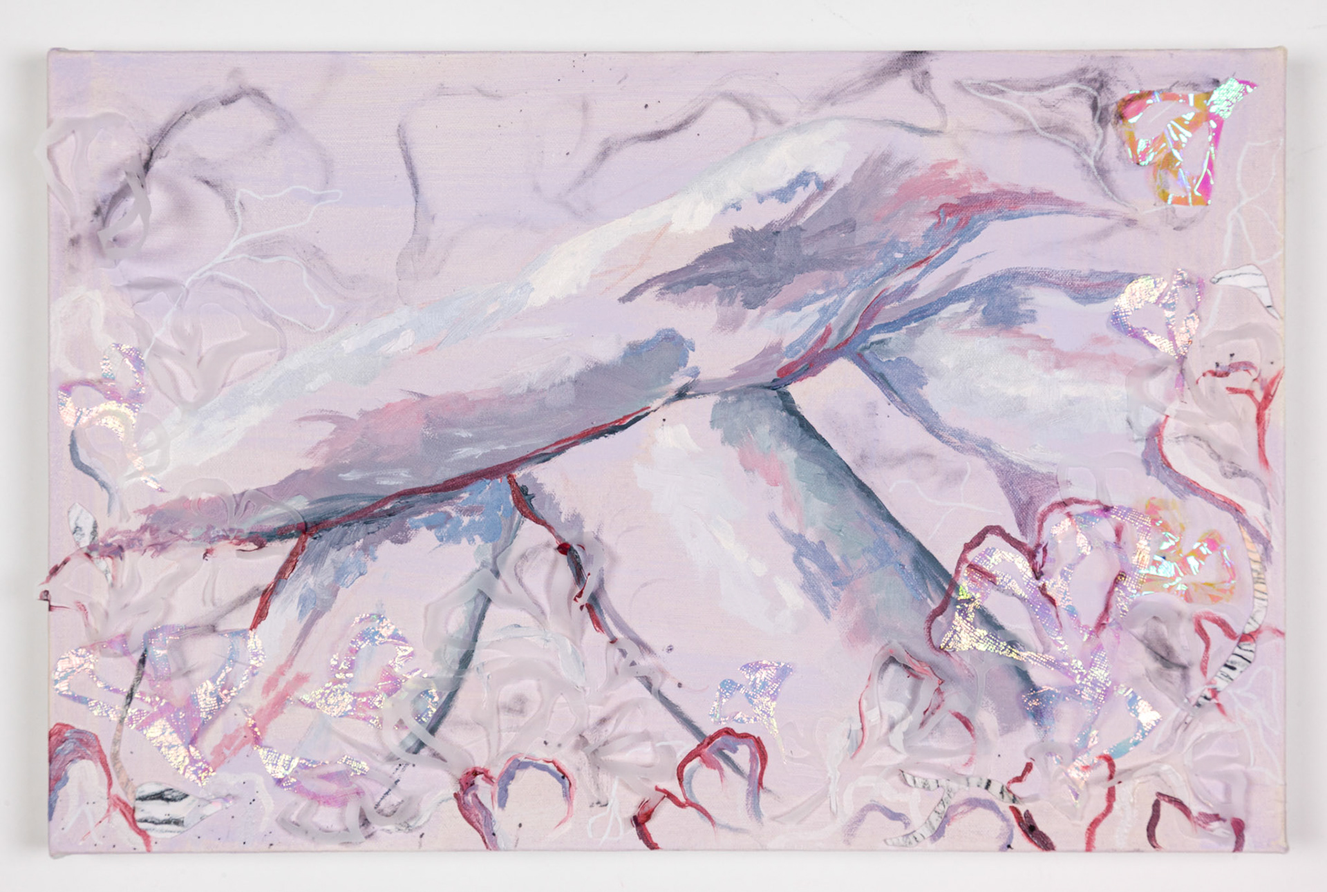 Growing Pains 1, Oil, Acrylic, Cellophane, Paper, and Charcoal on Canvas, 24 x 30 inches