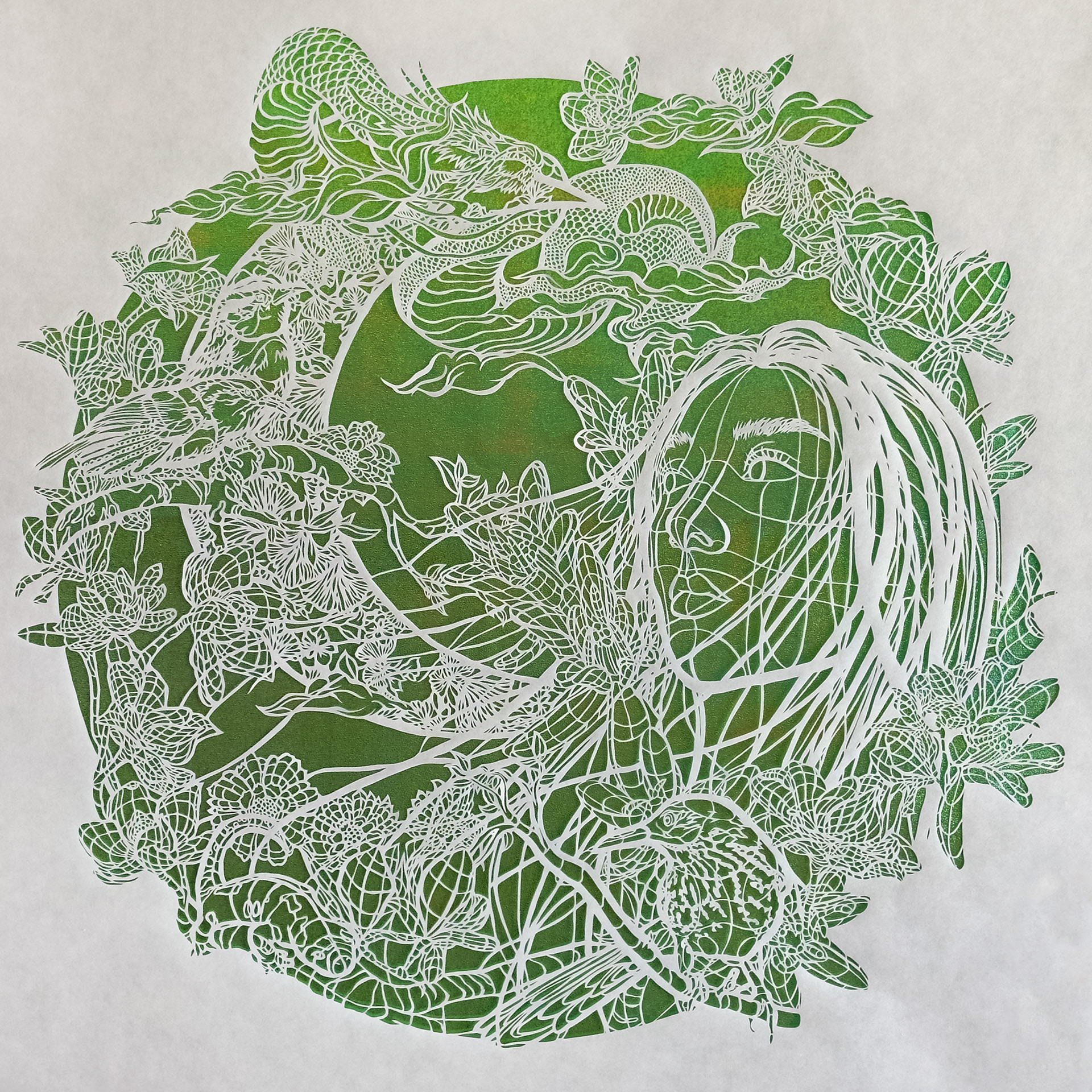 MeSun and the Imoogi’s Sky, hand cut Kozo on iridescent paper, 40 x 40 inches, 2025