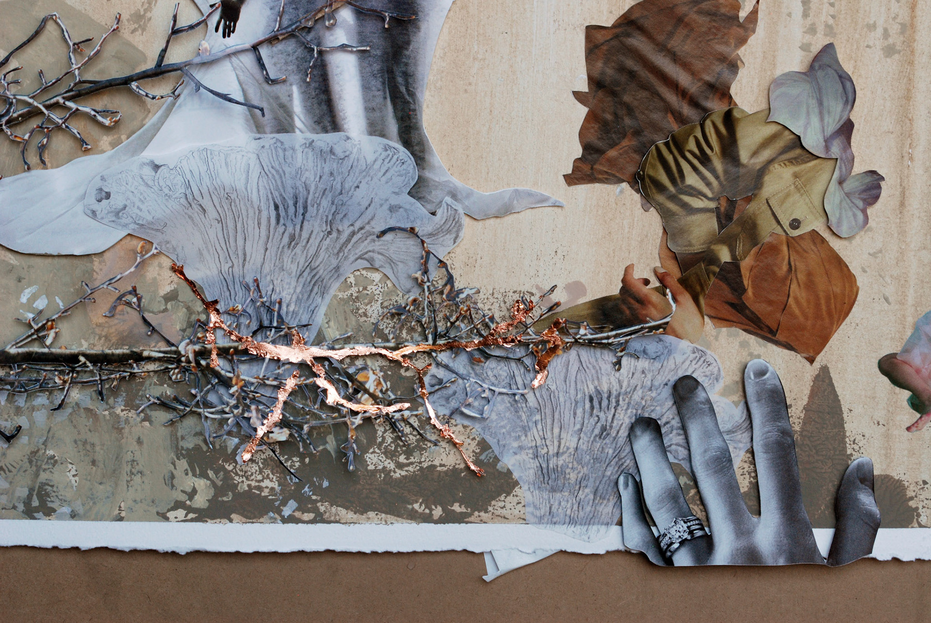Falling In And Out Of Reality, Acrylic, magazine, charcoal, graphite, gold leaf, 21 x 16 ¼ inches