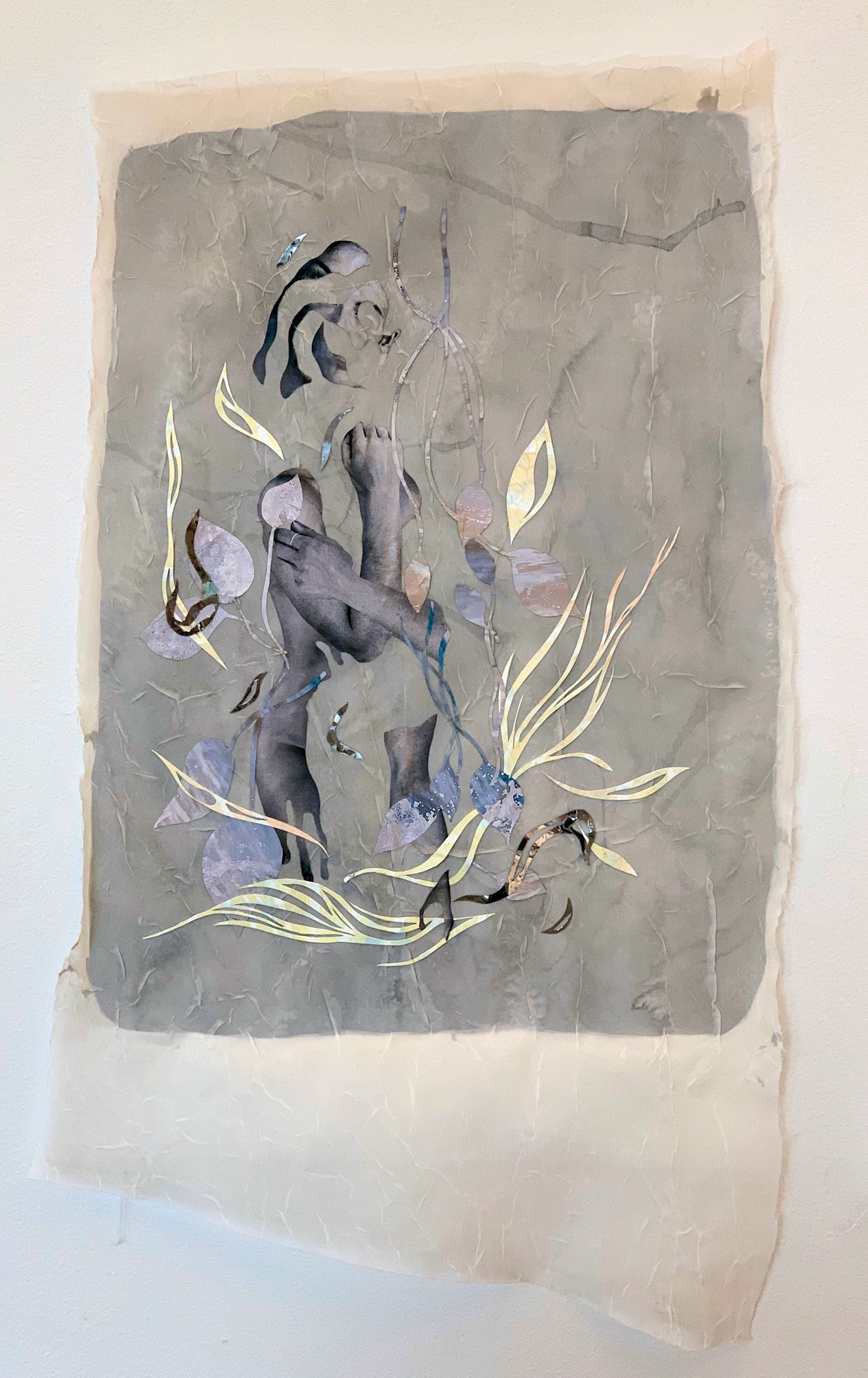 Dismantled (1/2), collage magazines, paper, acrylic medium, metal mirror film, cloth, 21.5”x13”