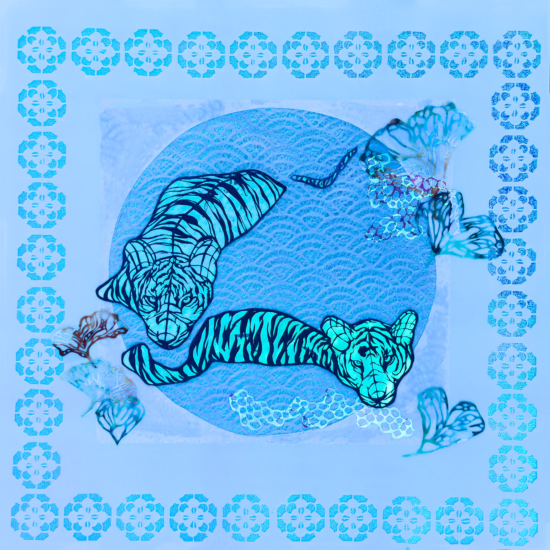 Creatures Under the Moonlit Tide, hand cut paper, dura-lar, cellophane, paper, 14 x 14 inches, 2025