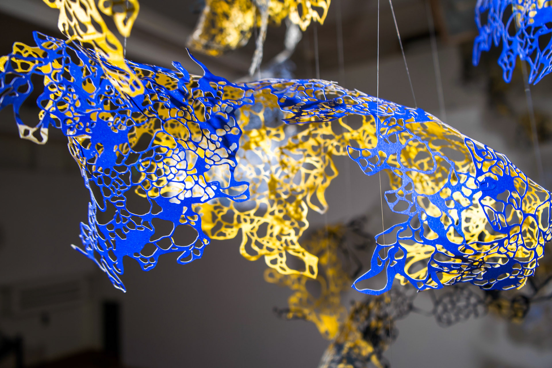 Shape Shifting Detail Shot, paper, acrylic, monofilament, dimensions variable