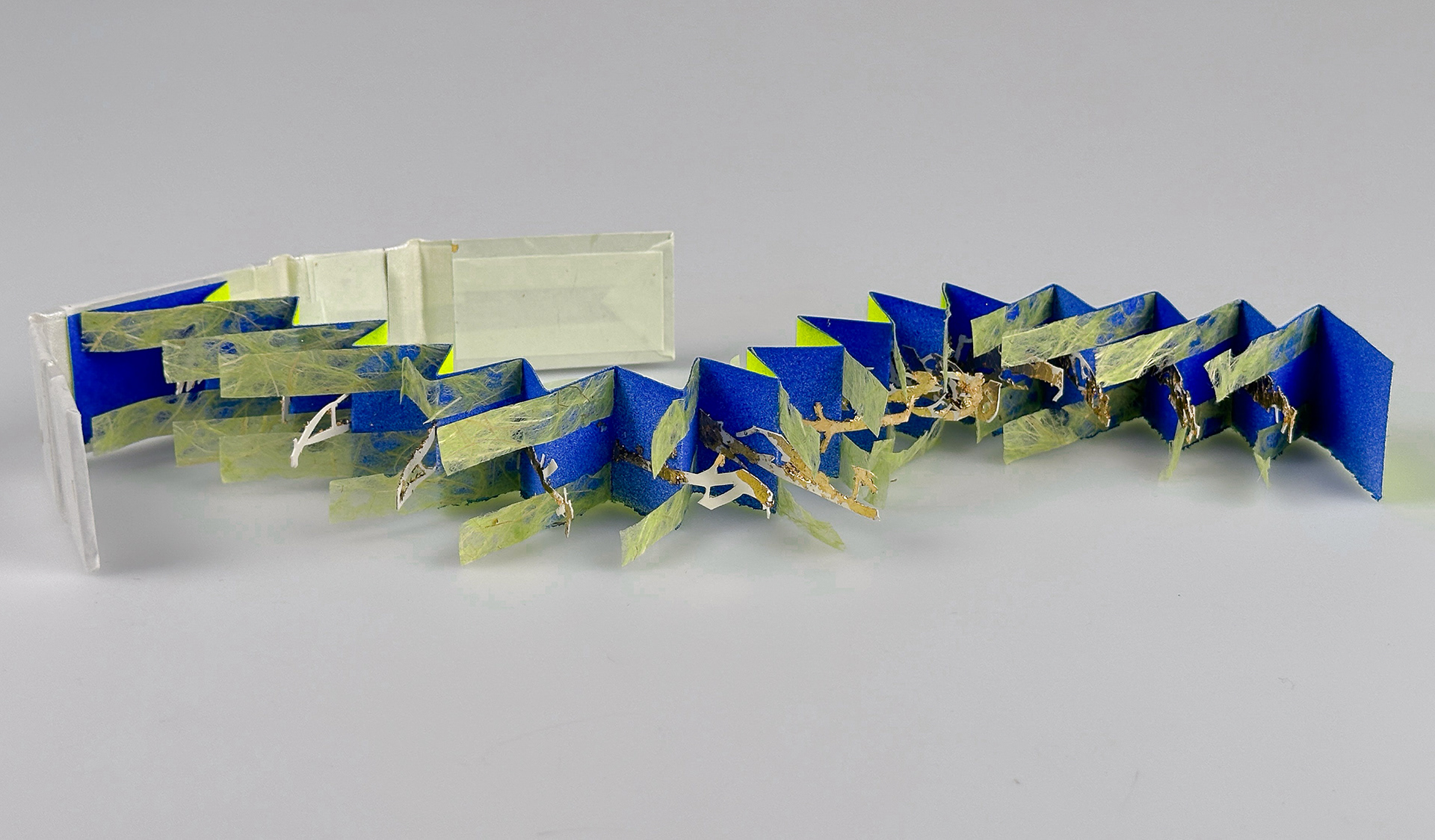 Tide’s Embrace, hand-cut paper, binders board, book cloth, lace paper, cellophane 14.5 inches x 2.75 inches x 1.5 inches (opened), 2024