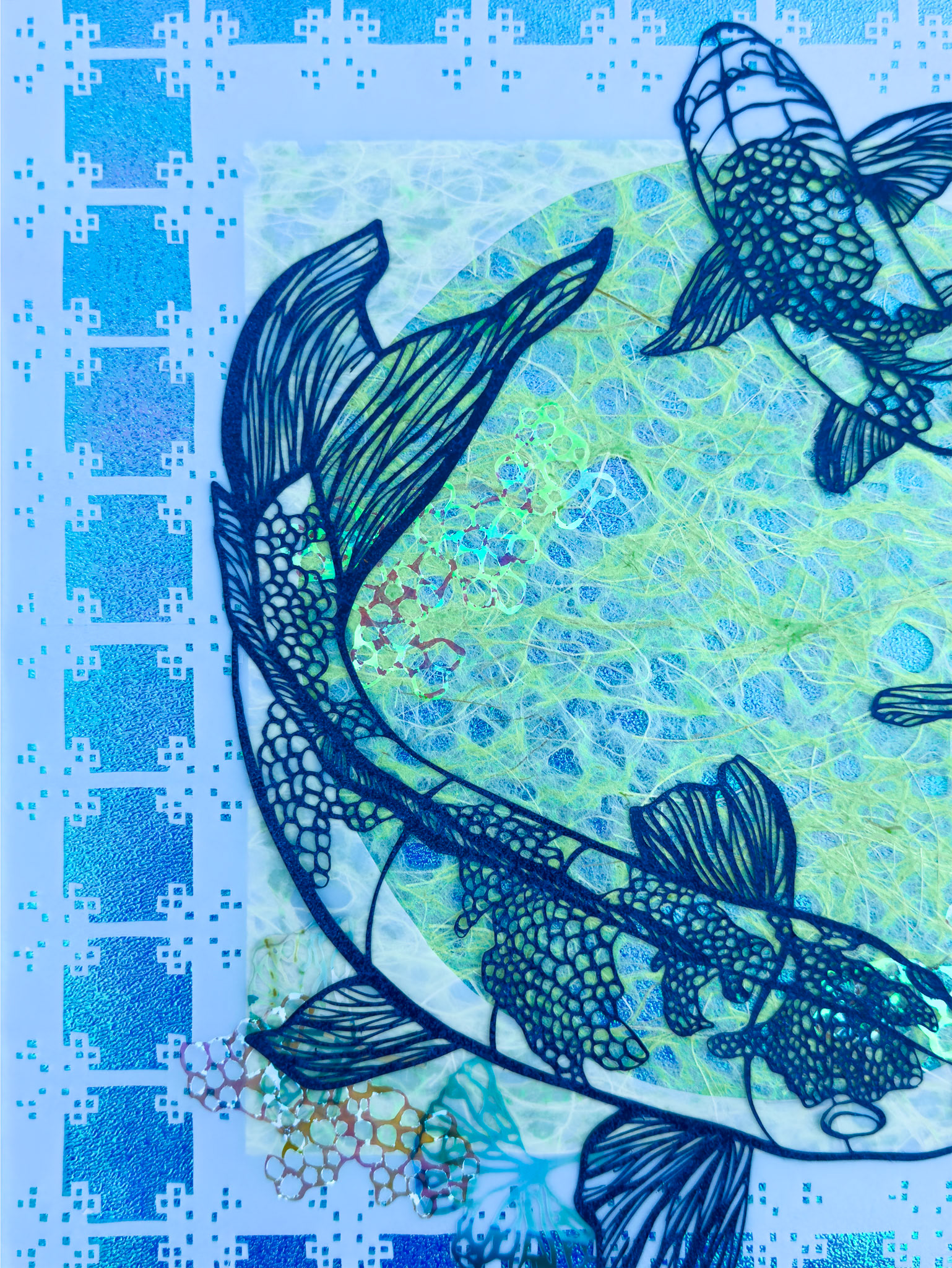 Creatures Under the Moonlit Tide Detail Shot, hand cut paper, dura-lar, cellophane, paper, 14 x 14 inches, 2025