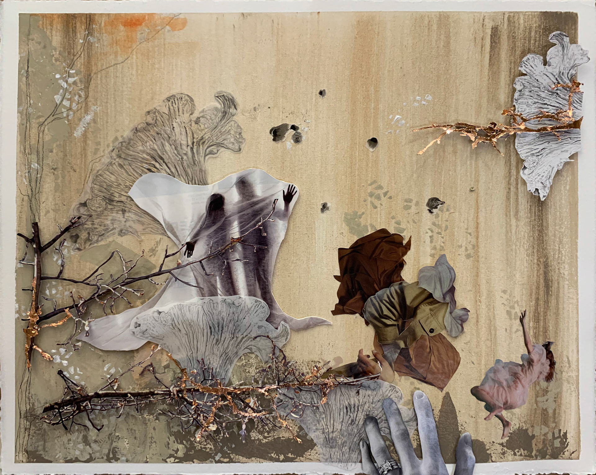 Falling In And Out Of Reality, Acrylic, magazine, charcoal, graphite, gold leaf, 21 x 16 ¼ inches