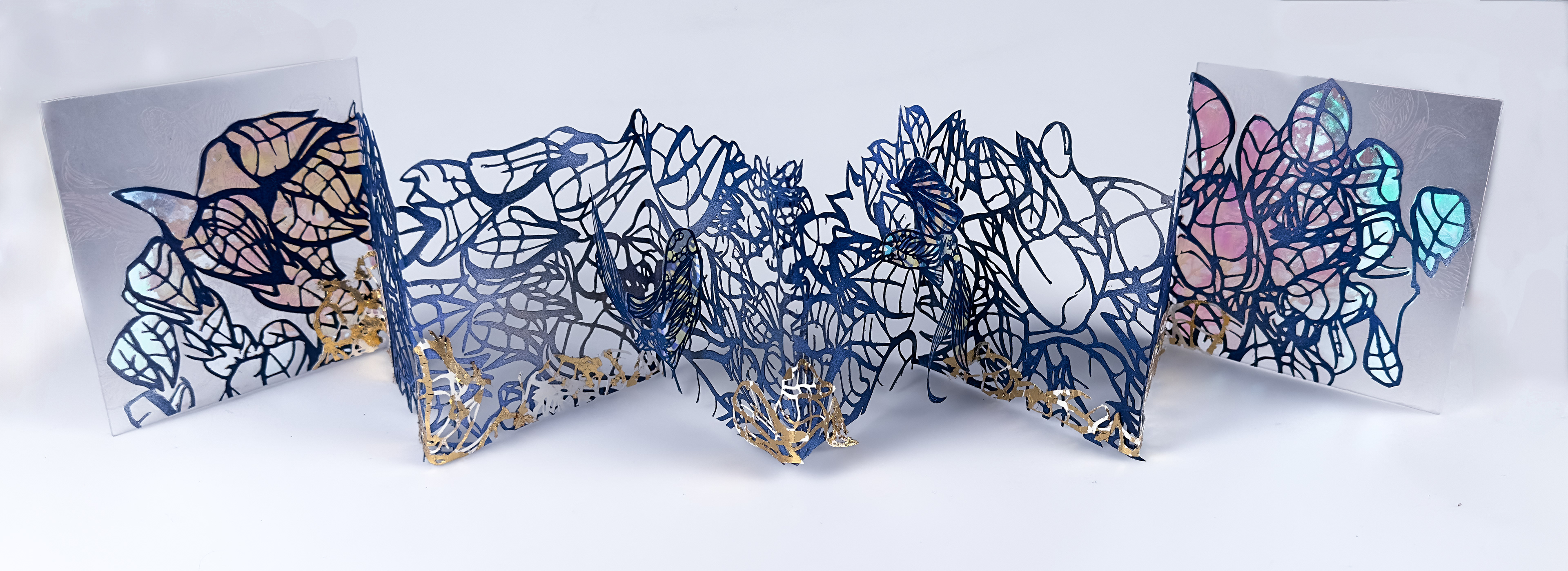 Hidden Upstream, hand cut paper, acrylic, cellophane, 31 x 6 x 5.5 inches,2025