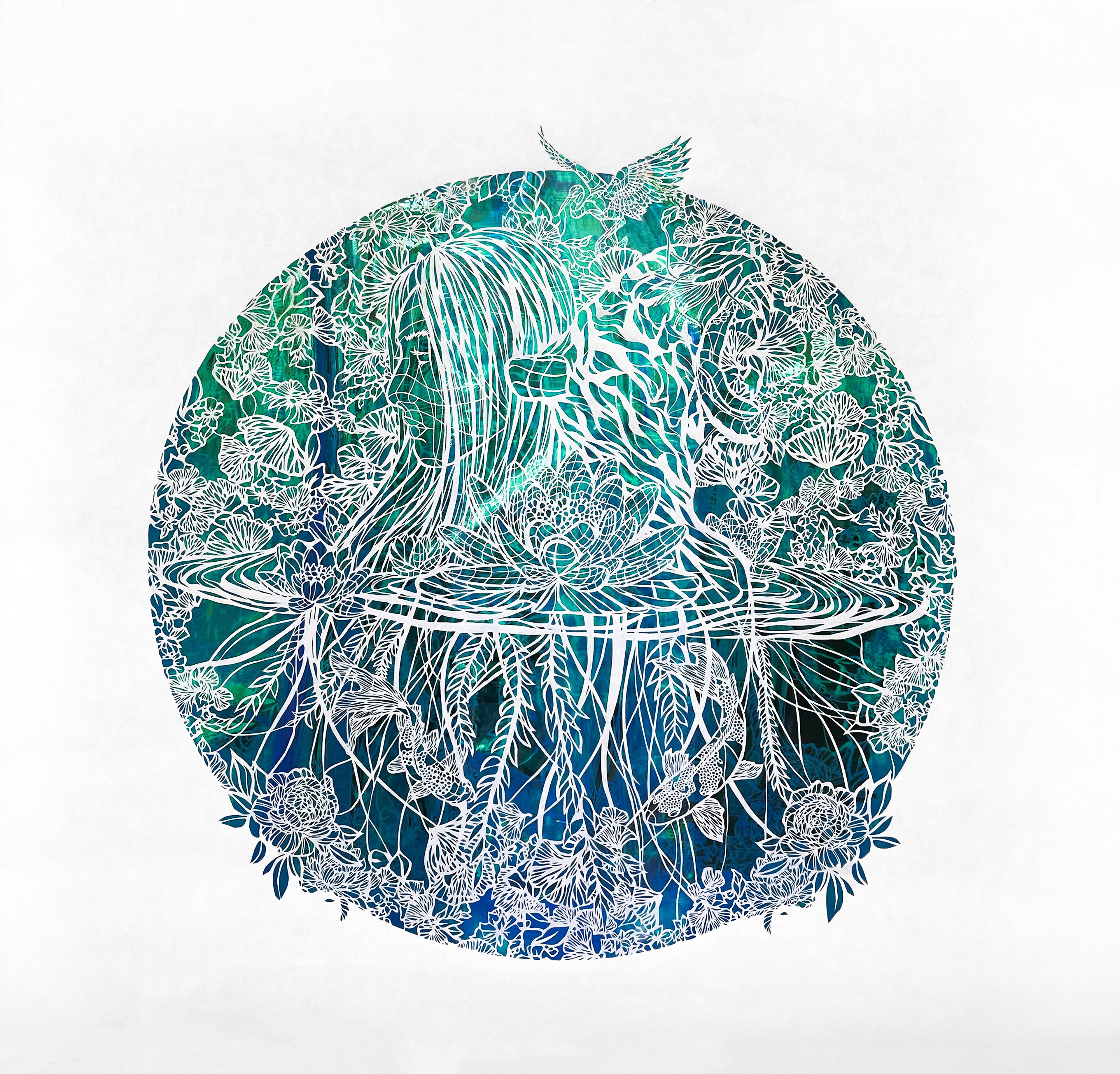 As Above So Below, hand cut Kozo with cellophane, 40 x 40 inches, 2025