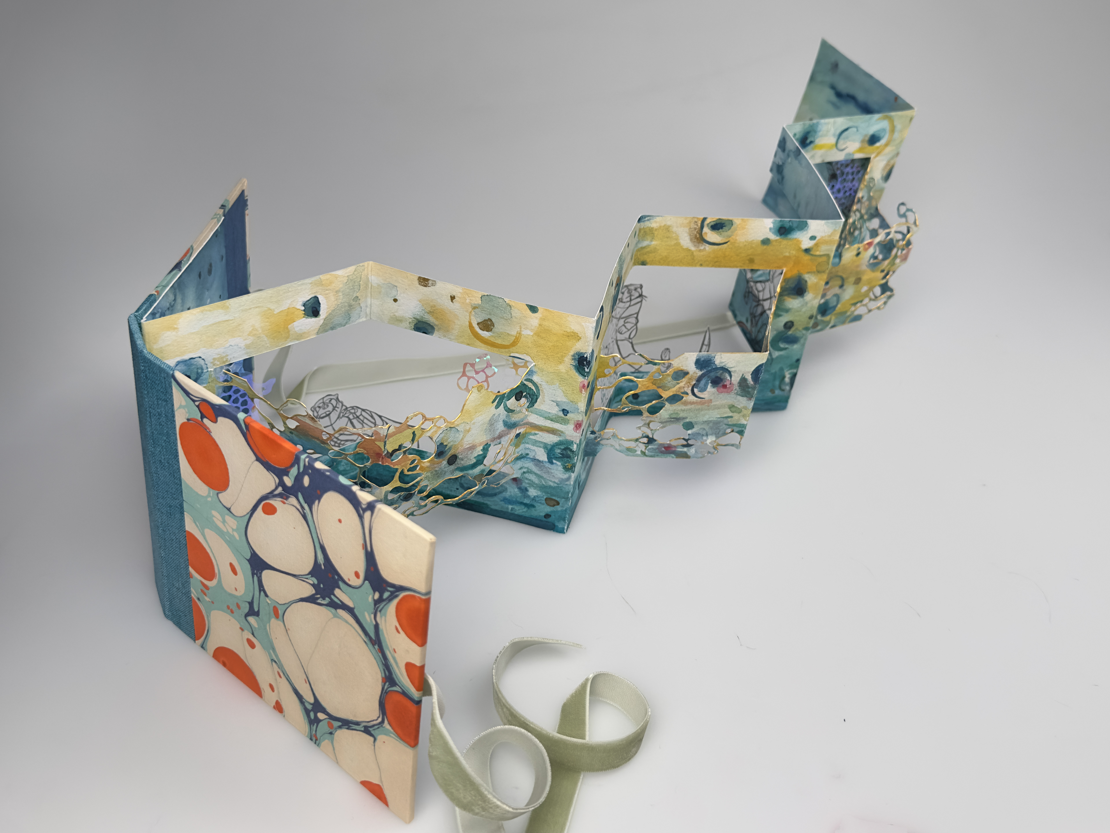 Otter Accordion, watercolor, hand cut paper, duralar, 10 x 6 x 6 inches, 2026
