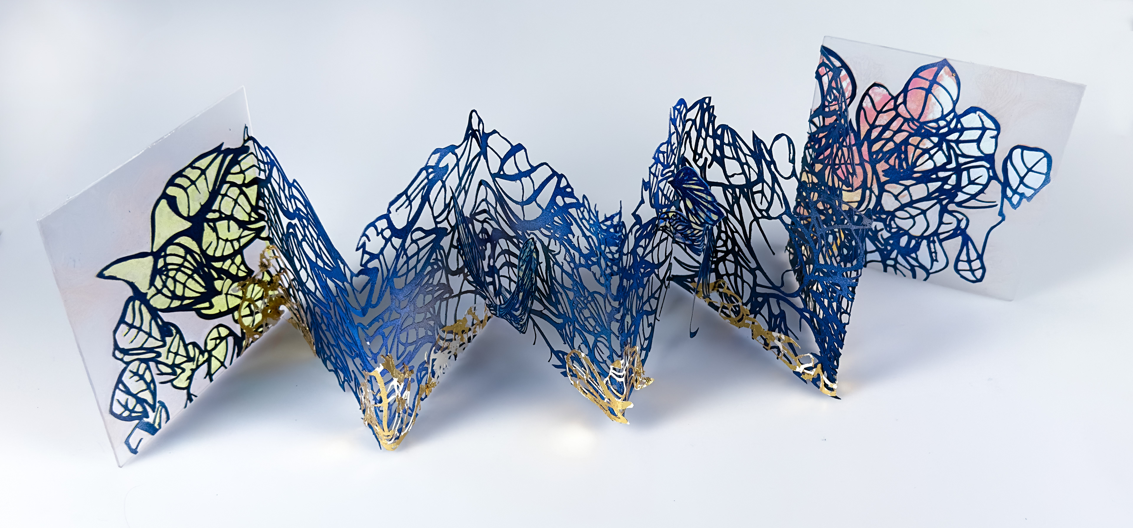 Hidden Upstream, hand cut paper, acrylic, cellophane, 31 x 6 x 5.5 inches,2025