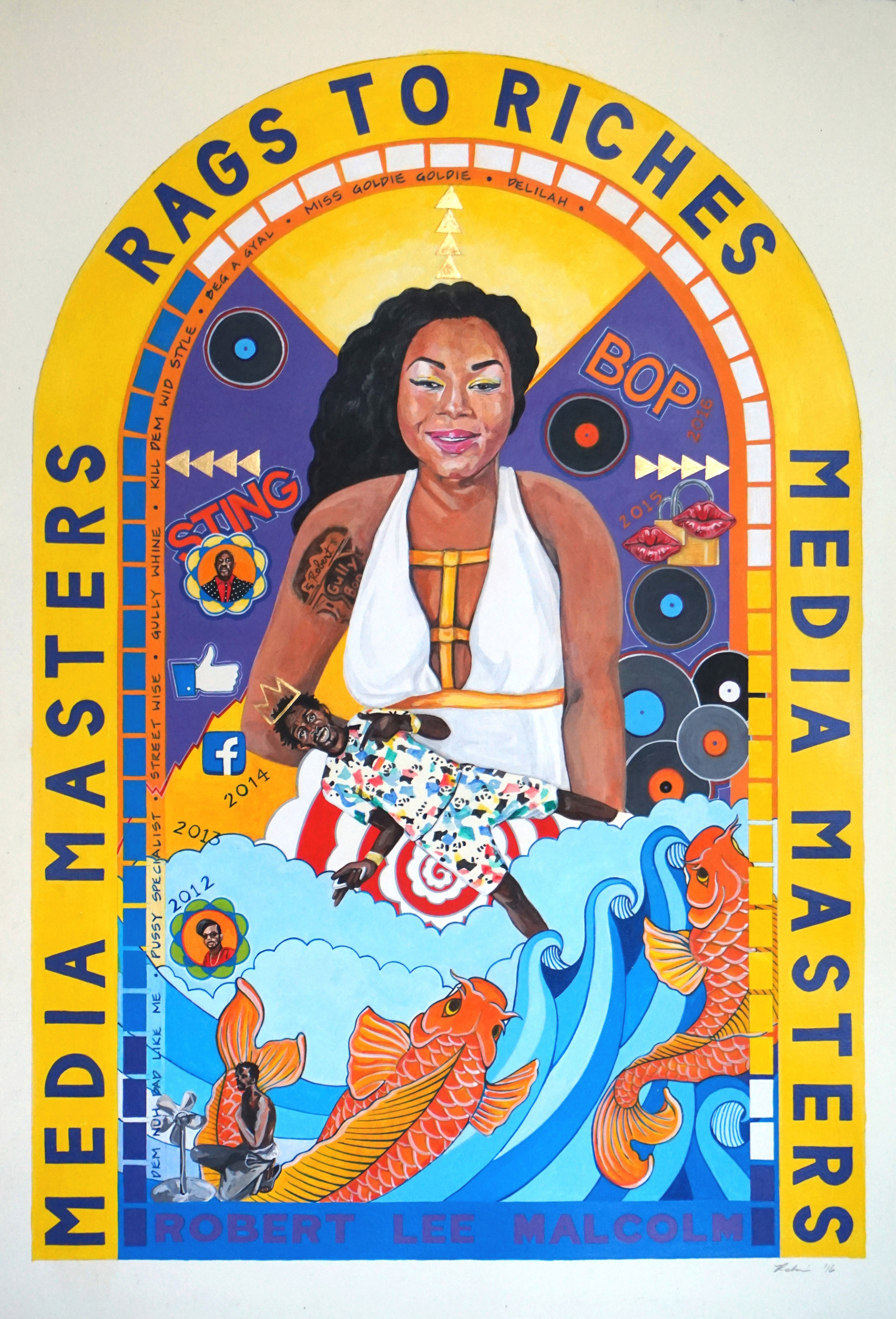 Media Masters, Acrylic & Gold Leaf on Sommerset Cotton Rag, 56.5cm x 38cm