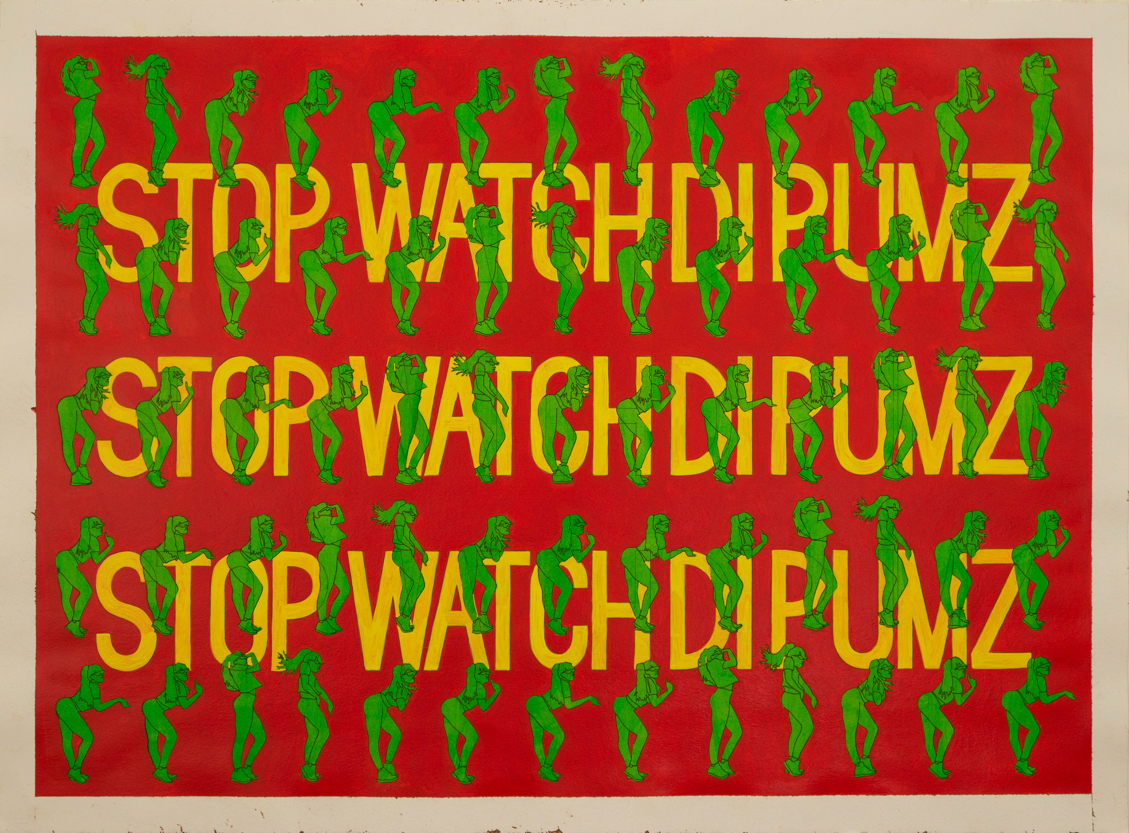 Stop Watch Di Pumz, Acrylic & Ink on Cotton Rag, 53cm x 73cm