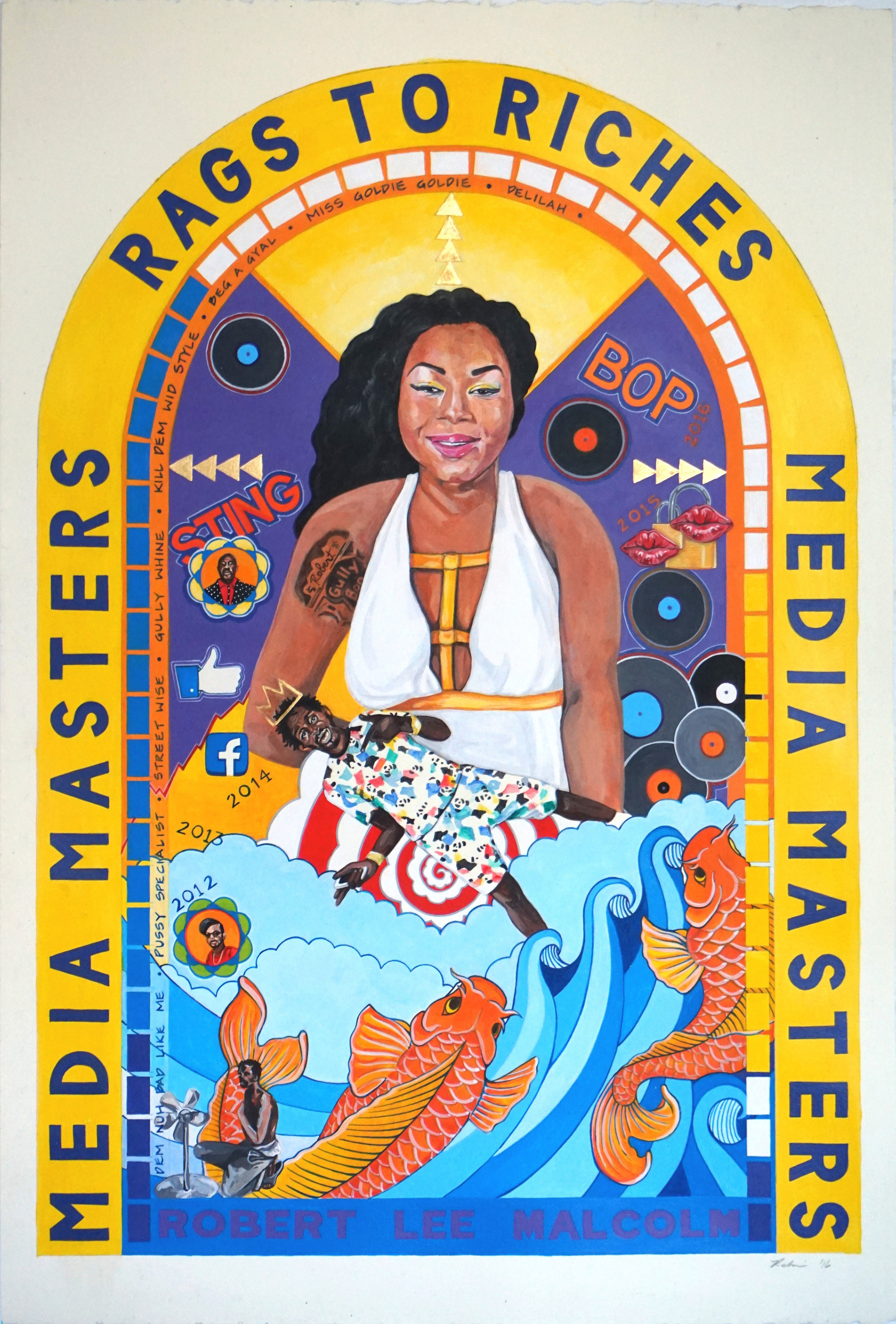 Media Masters, Acrylic & Gold Leaf on Paper, 56.5cm x 38cm a painting by Robin Clare