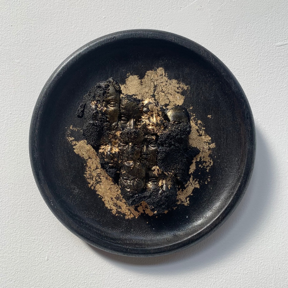 Votive IV, acrylic, acrylic medium, plaster, gold leaf on wood, 7 x 7 in, 2022