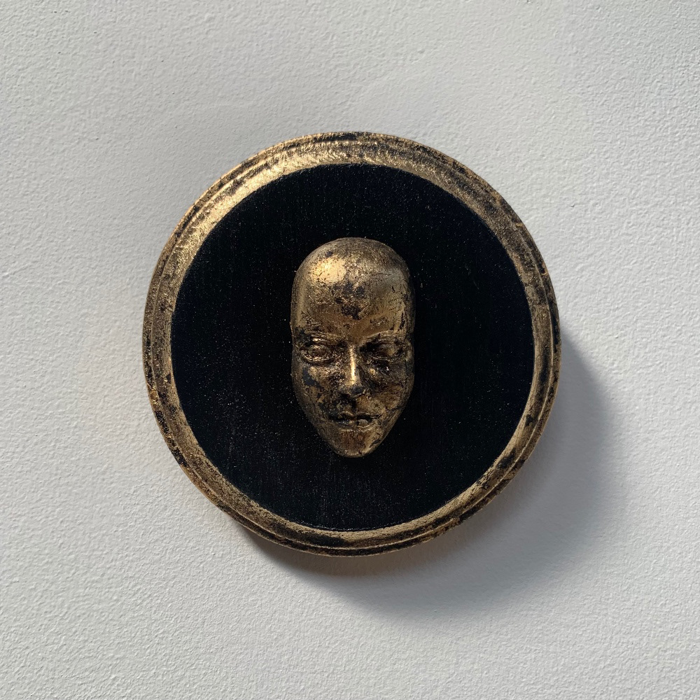 Votive I, acrylic, plaster, gold leaf on wood, 3.5 x 3.5 in, 2022