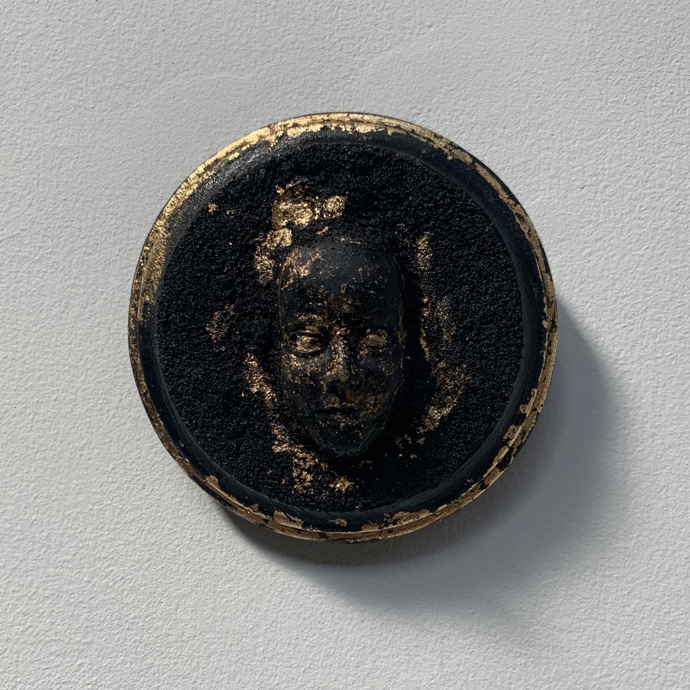 Votive II, acrylic, acrylic medium, plaster, gold leaf on wood, 3.5 x 3.5 in, 2022