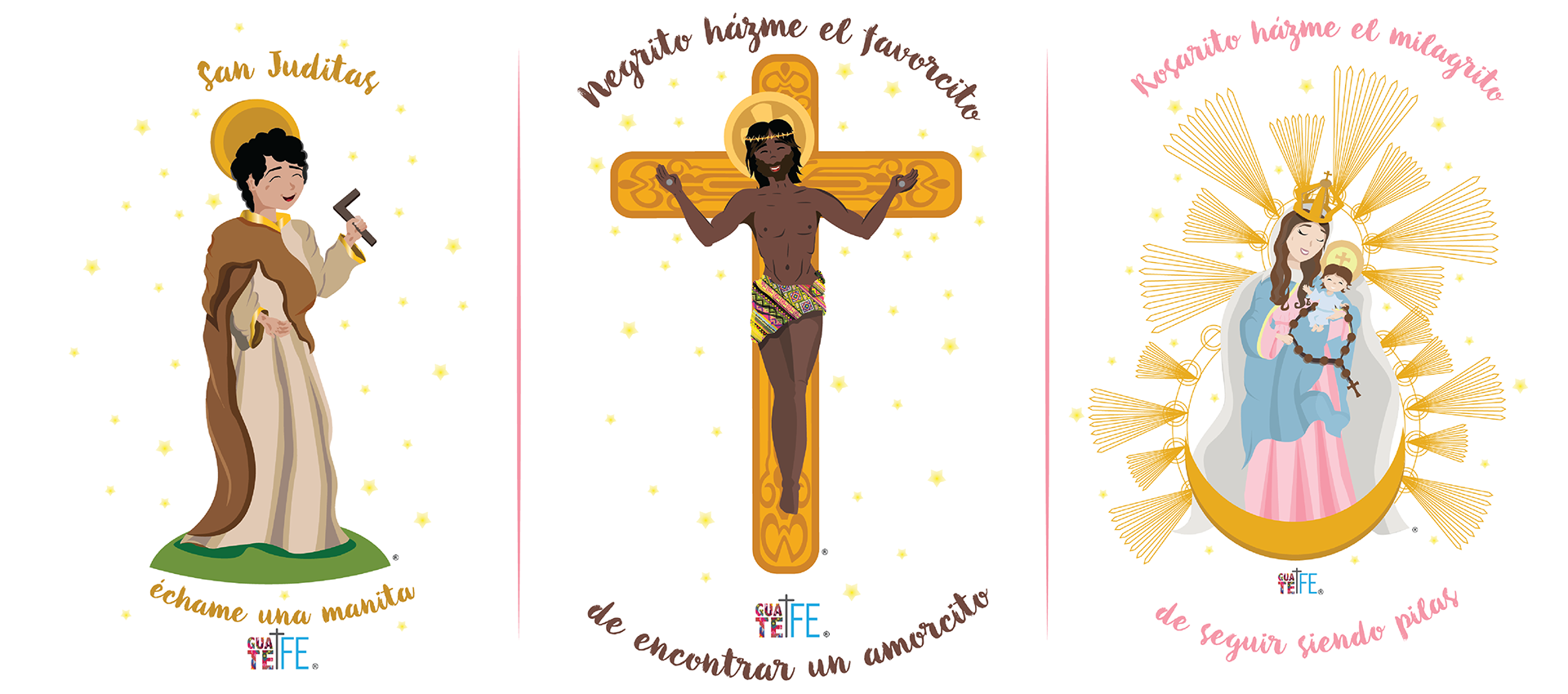 These are the three designs so far existing, of the most venerated saints in Guatemala. San Judas Tadeo, the Black Christ of Esquipulas, and the Virgin of the Rosary. The illustrations were worked in a way that symbolized the most iconic of each of the saints. The objective of this line is to place interesting copies of Guatemalan culture to attract the attention of the target group.