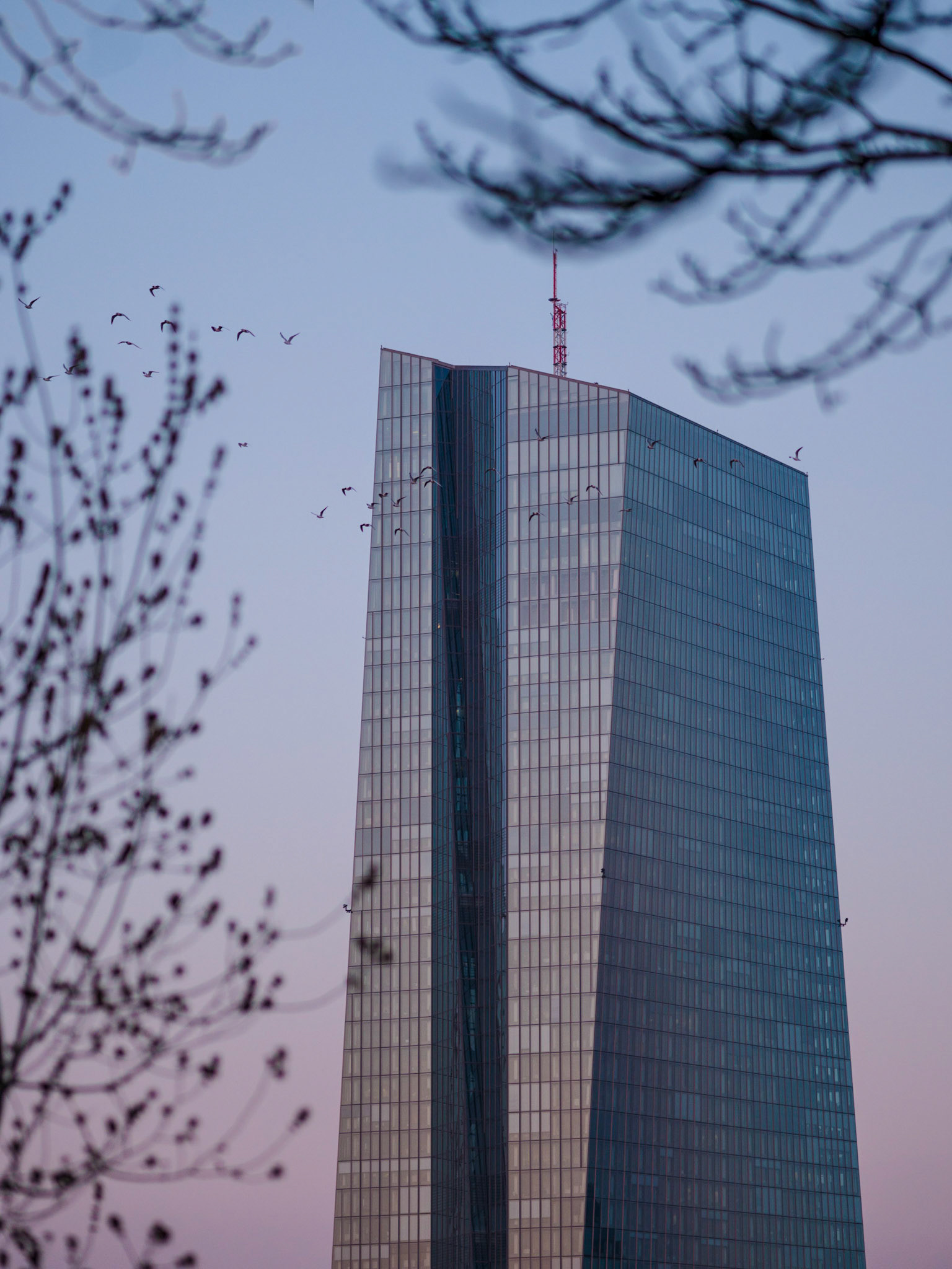 Aufnahme der EZB in Frankfurt bei Sonnenuntergang