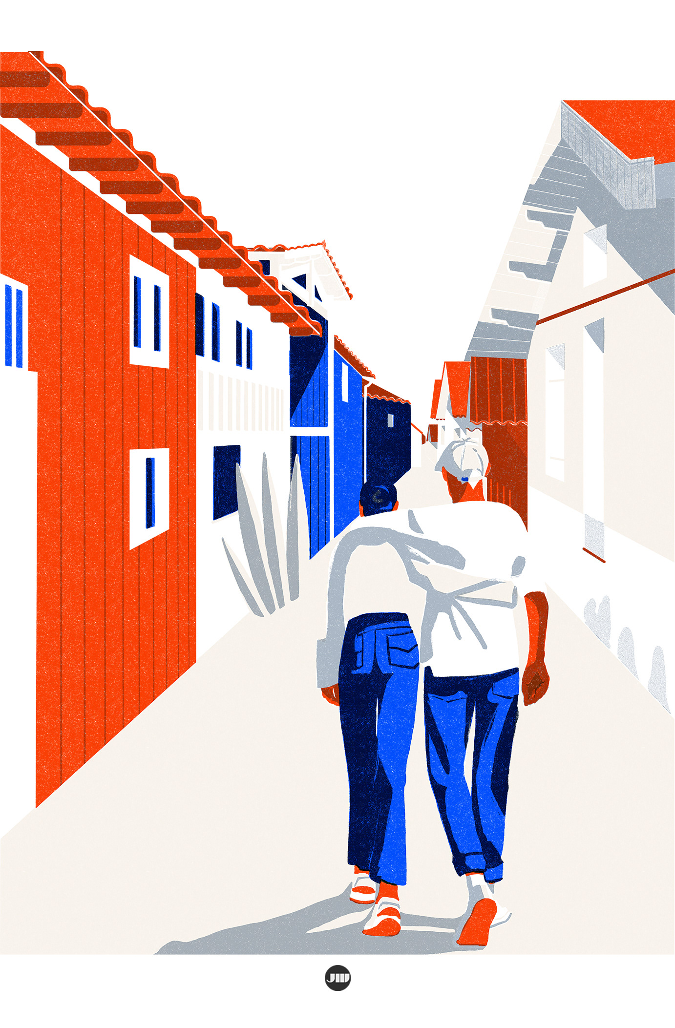 Illustration of Cap Ferret showing traditional oyster huts, open landscapes, and a clear sky, reflecting the rural coastal charm.