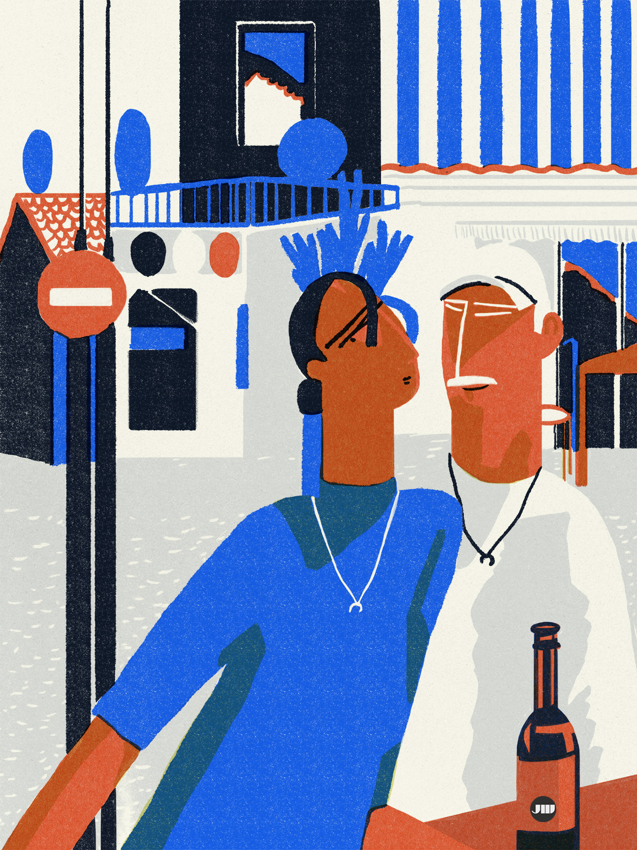 Illustration of a couple sitting outdoors at a table in Le Canon, Cap Ferret, enjoying drinks and casual dining in a quiet village setting.