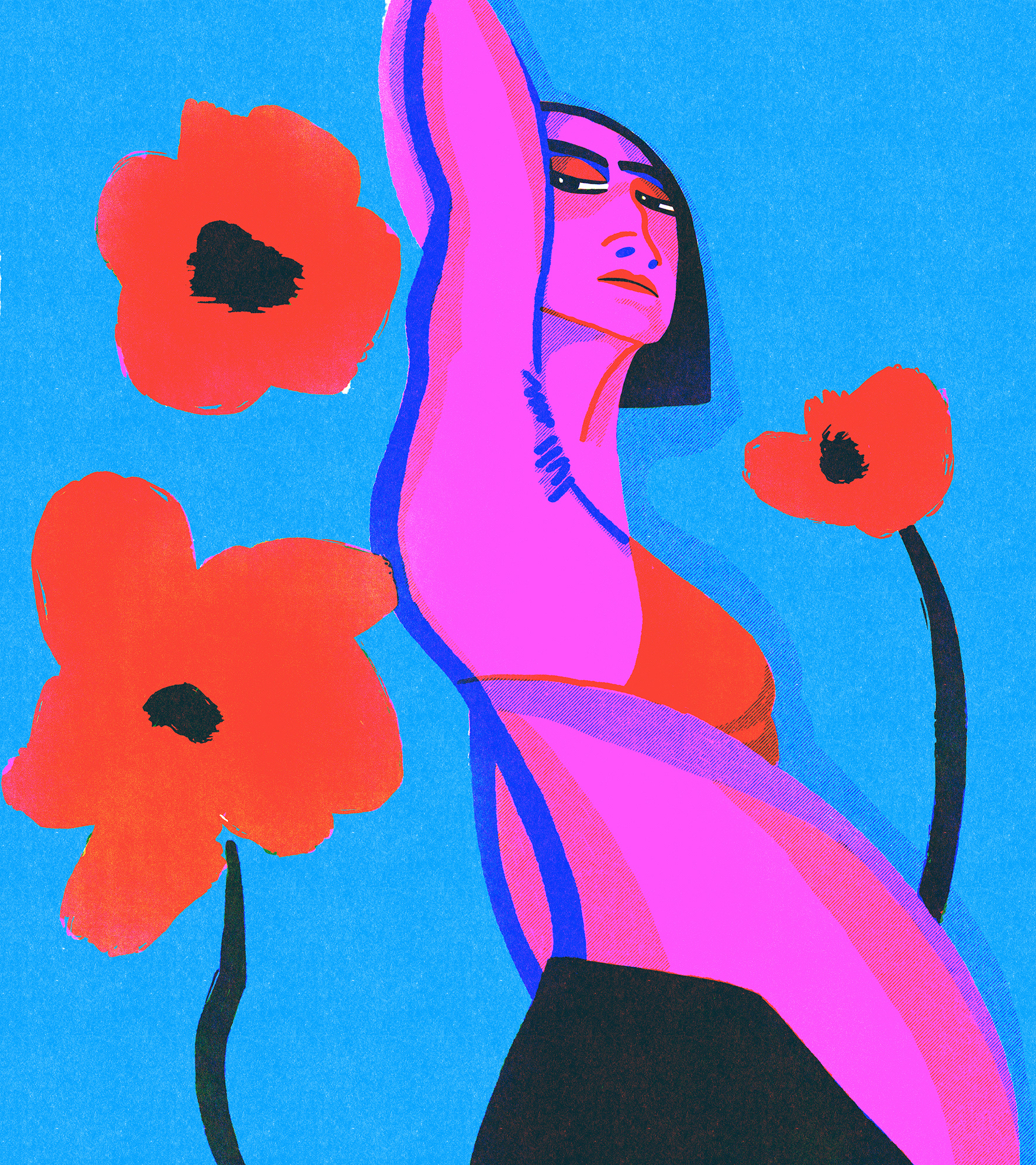 A pregnant woman stands among blooming poppies, symbols of fertility and inner growth. Her posture exudes calm strength and introspection.