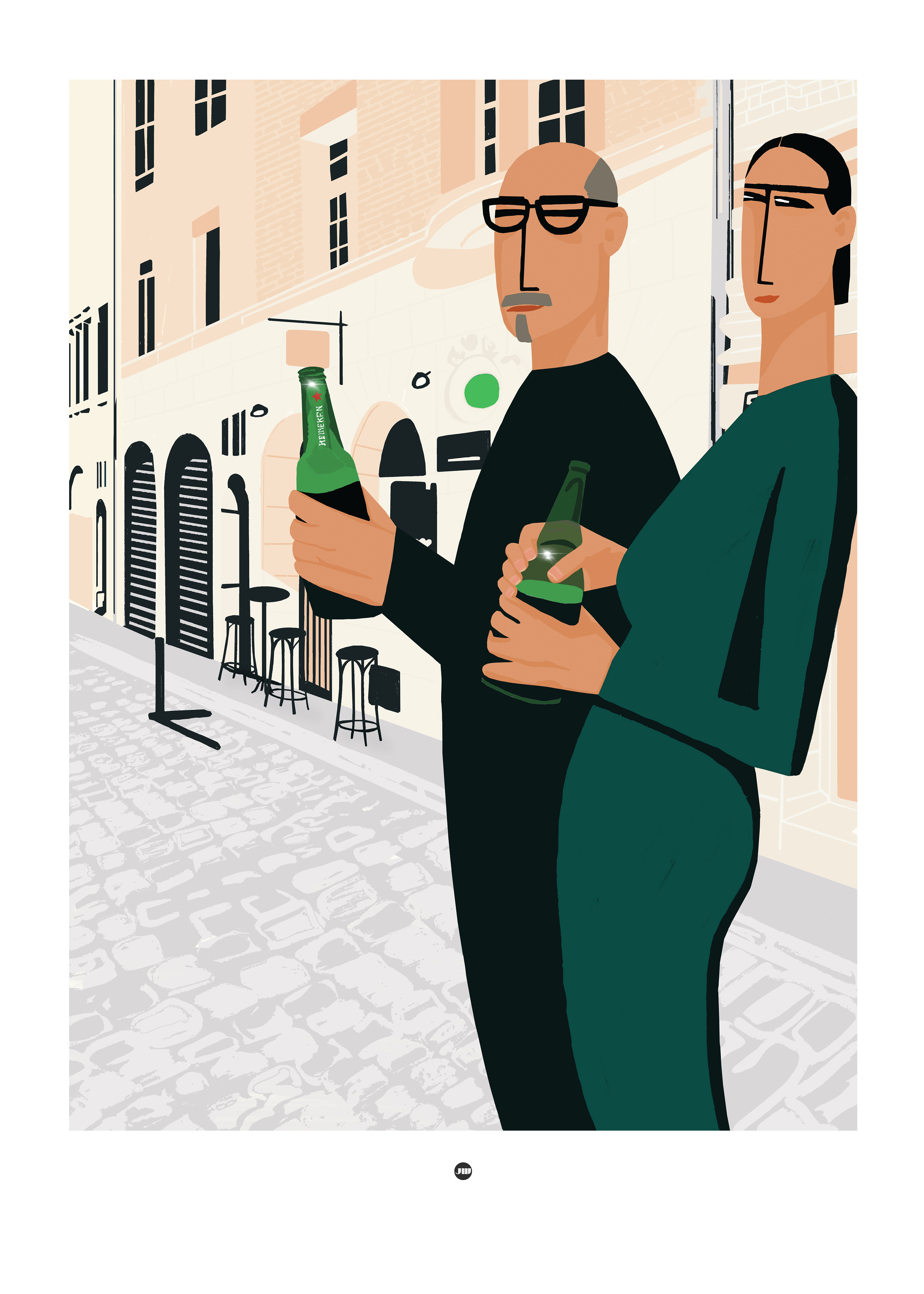 Plakative urban illustration of a couple standing in front of a bar in the center of Stuttgart, surrounded by early 20th-century buildings. Bold graphic style with a quiet, atmospheric city mood.