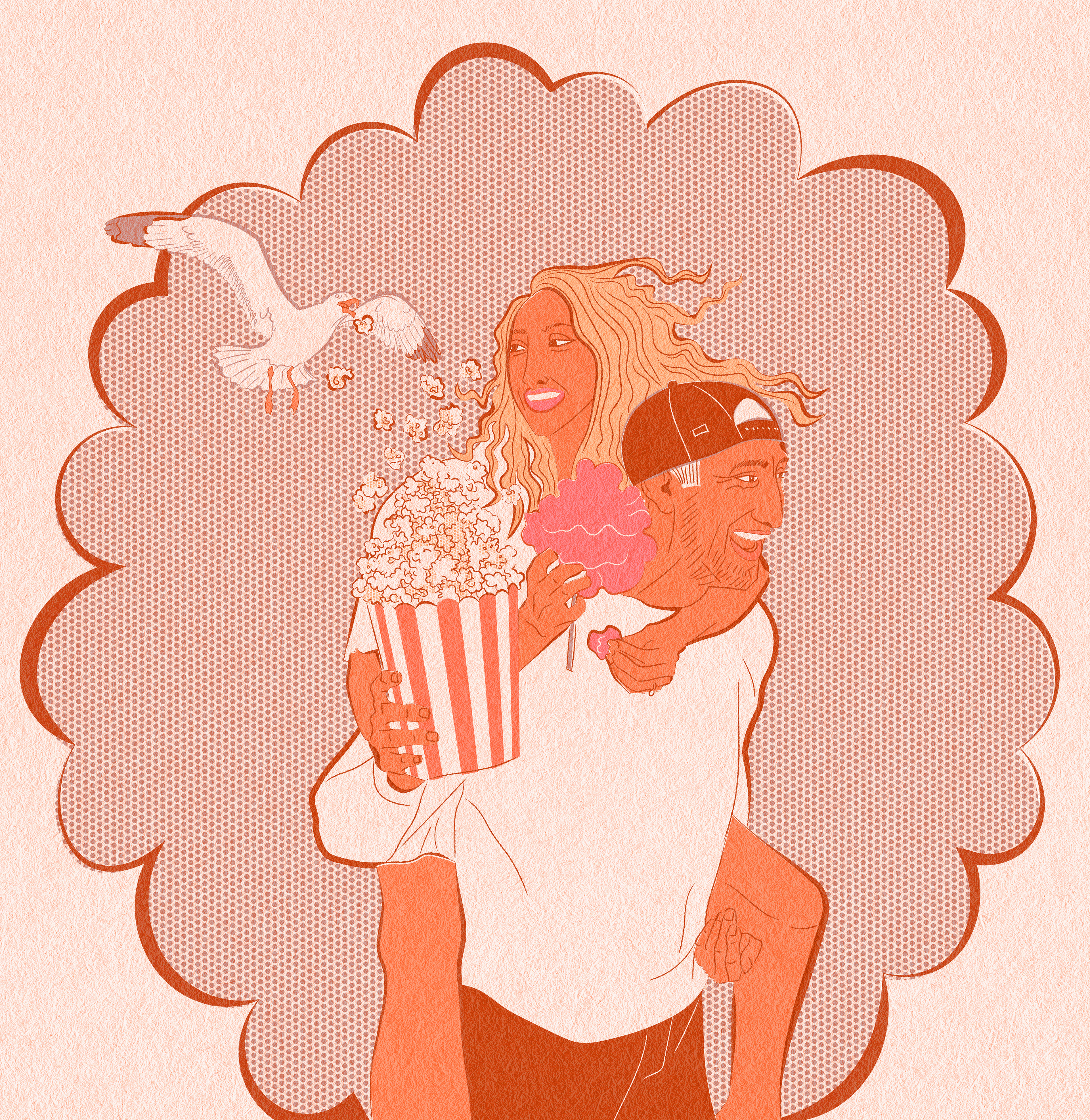 couple in retro style illustrated. He is holding popcorn she sweets a bird is stealing the popcorn which is flying out of the box retro reduced color palette, Roy Lichtenstein inspired