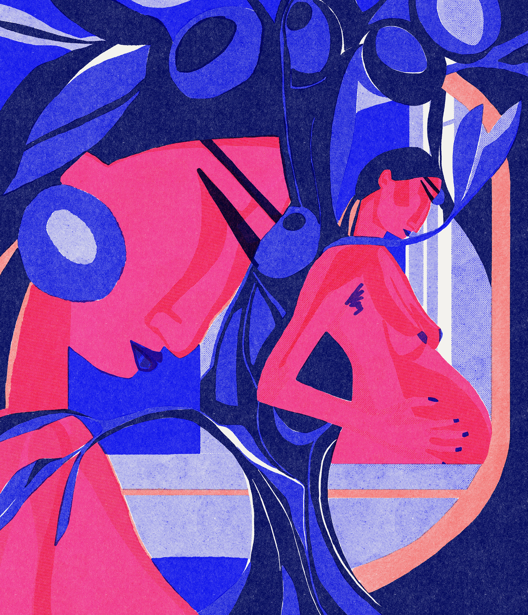 A woman faces a mirror beneath olive branches — ancient symbols of fertility and peace. The moment captures self-reflection and transformation.