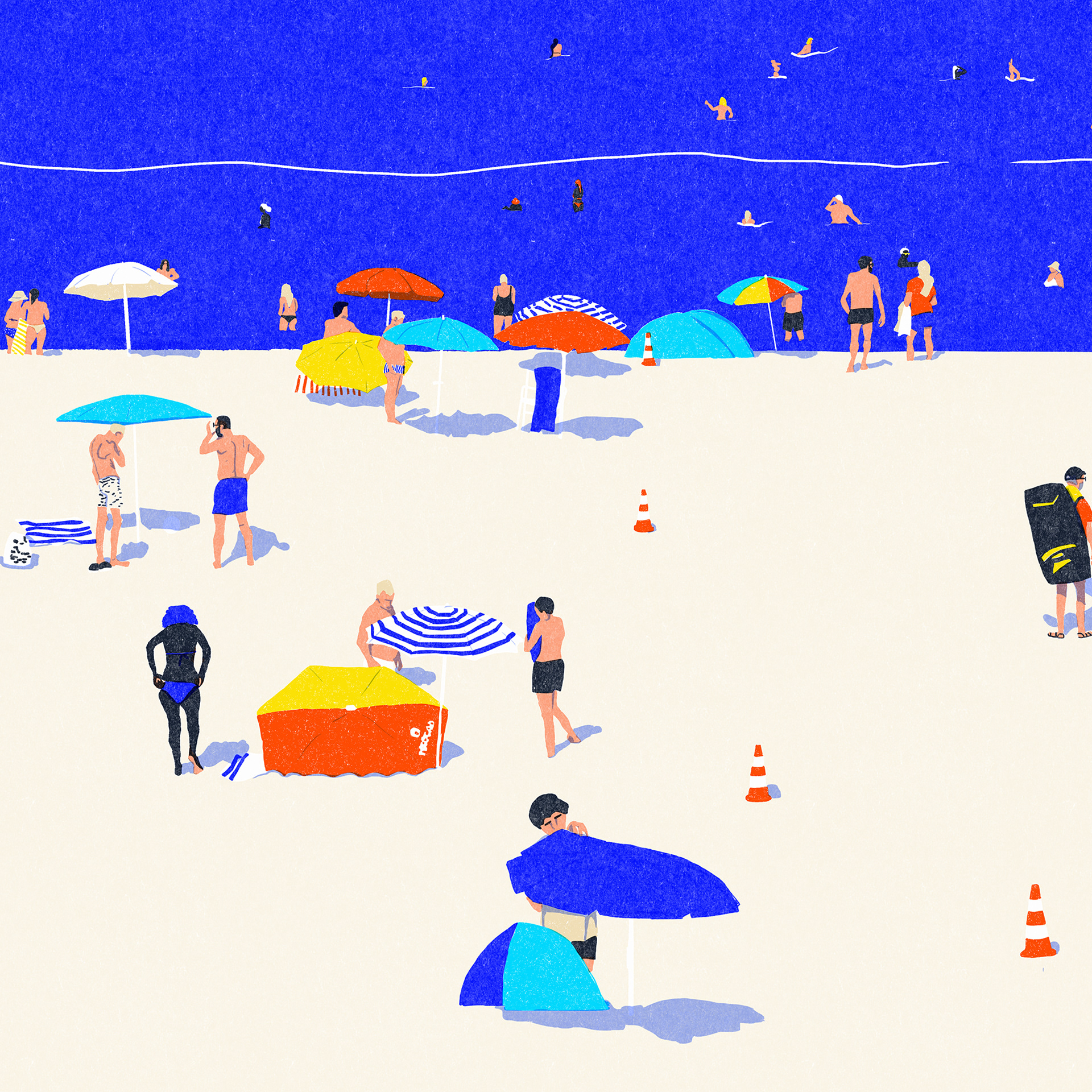 Plakative illustration of beach life with silhouettes of swimmers and sunbathers on the Atlantic coast in Southwest France.