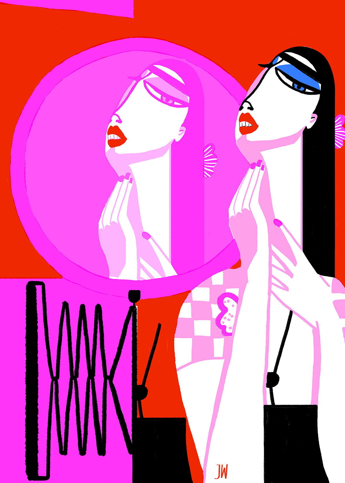 A bold, high-contrast portrait of Spanish actress Rossy de Palma. Her sharp profile and expressive features are stylized in vivid red, pink, and black tones, capturing her dramatic presence and iconic aura.