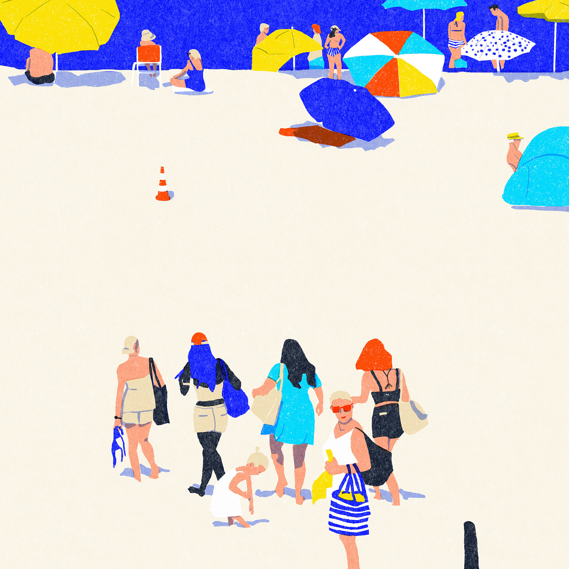 Minimal-style illustration of beachgoers walking through hot sand dunes at Le Porge beach, France.