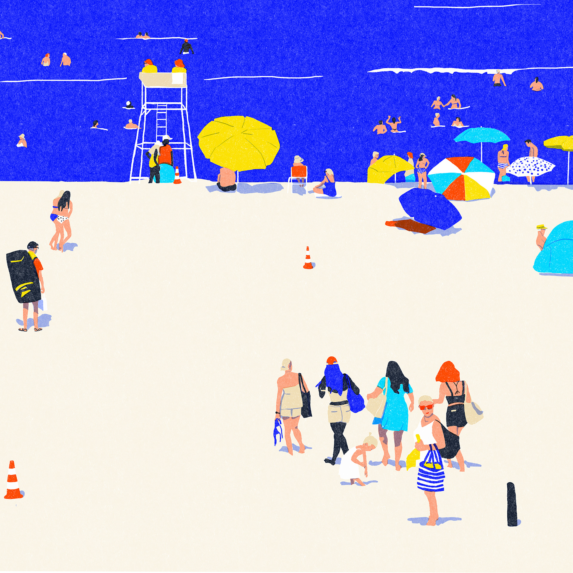 Plakative illustration of beach life with silhouettes of swimmers and sunbathers on the Atlantic coast in Southwest France.