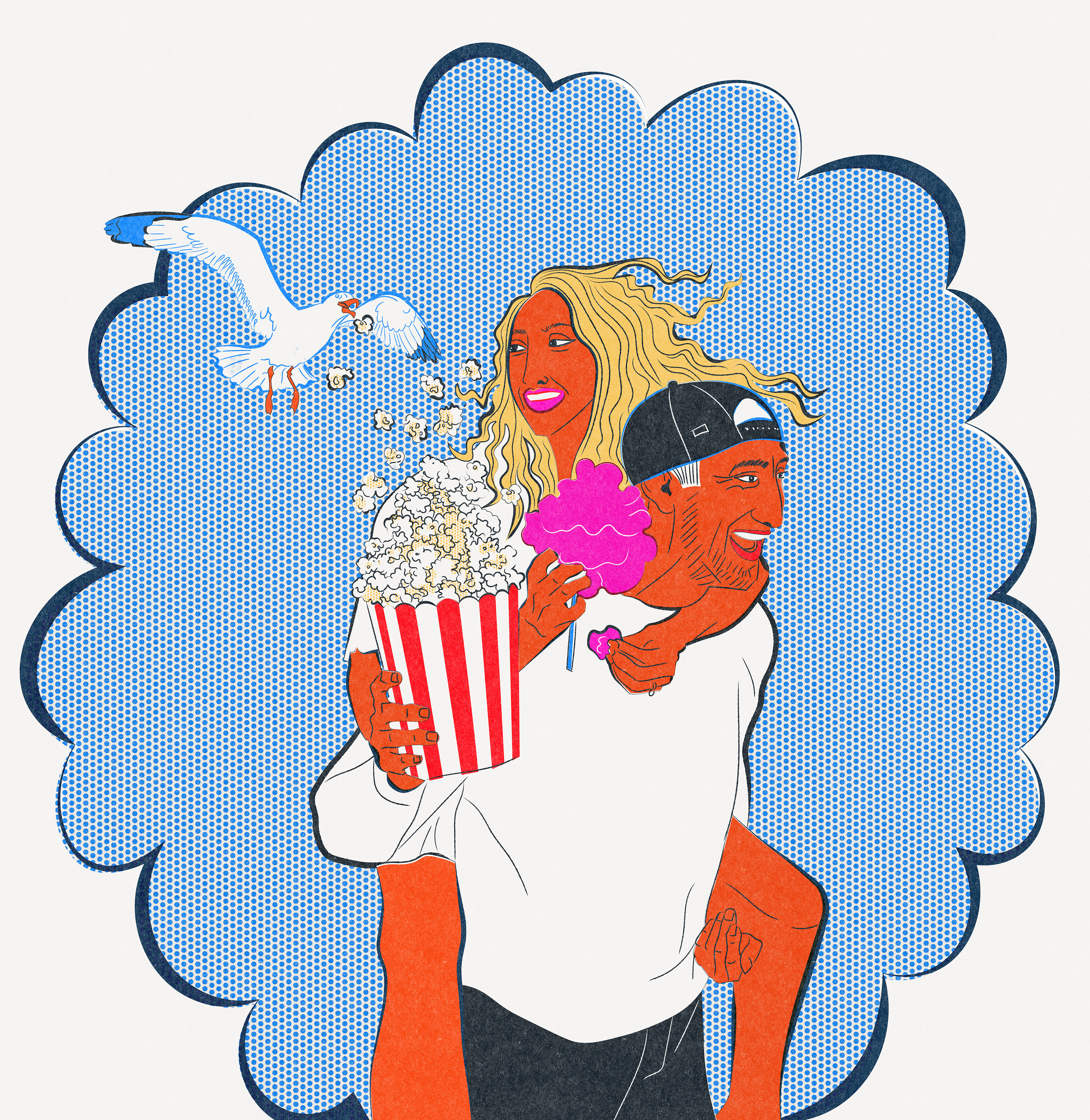 Illustration of a couple in a pop style inspired by Roy Lichtenstein. He is holding Popcorn, she is holding Sweets, a Bird is steeling the flying popcorn
