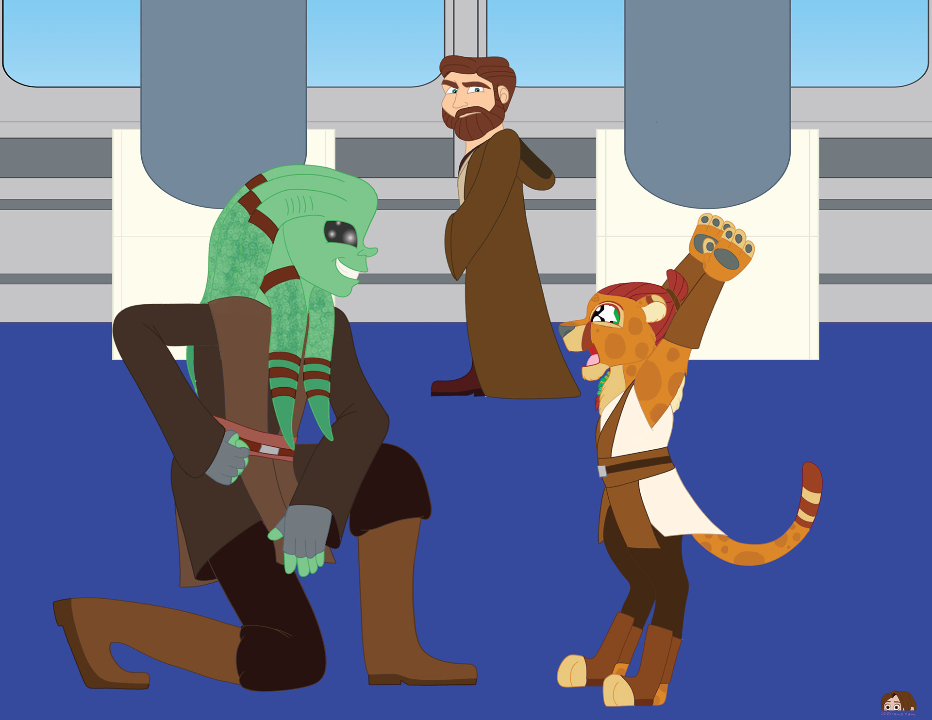 Hey Jealousy: Obi-Wan Kenobi wasn’t the jealous type. Yes, he was envious of Qui-Gon’s attention to Anakin all those years ago but he chalked it up to immaturity. It was rather ridiculous for a 25-year-old to be upset he was getting less attention than a literal child. No, he had grown too much for that kind of insecurity. In fact, other masters were jealous of him. Thabisa was such a gentle and obedient padawan. Some still look down on her due to her mother’s betrayal of the Jedi, but all agreed: they wished their padawans behaved half as well. Obi-Wan was grateful for that - at least compared to Anakin - training Thabisa was easy. However, he noticed things, such as how whenever Kit Fisto was around, Thabisa would change. She became talkative, excitable, and just plain adorable. She would expressively ramble on about their latest war story to the Nautolan. Kit would just laugh and cheer the little Horansi cub on, sharing his own stories once she had finished. Stories that Thabisa, in turn, would listen to with excited attentiveness. Obi-Wan knew Jedi and the younglings they would find and bring to the temple had special bonds. Plo Koon and Ahsoka certainly did. Why would Kit and Thabisa be any different? However, he wonder why. Why would Thabisa only save this playful, happy side of herself for Fisto? Why never for him, her Jedi master? Why did Kit sometimes know things about Obi-Wan’s padawan that he, himself, didn’t even realize? Why did her eyes never sparkle when she saw him, like they did when she saw the Nautolan? No matter, after all… Obi-Wan Kenobi wasn’t the jealous type. Star Wars copyright to LucasFilms and Disney, All rights reserved ArtWork copyright to jilldraws.com, All rights reserved