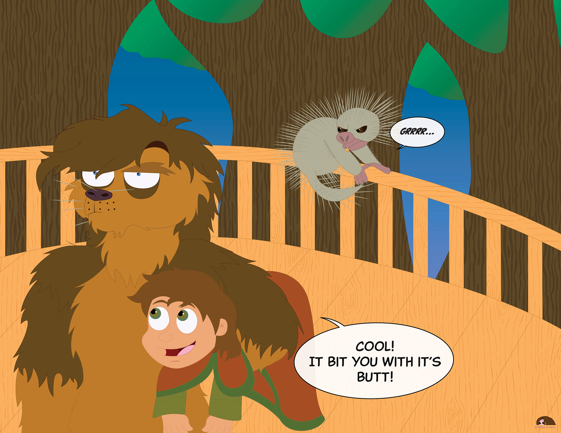 Living on Kashyyyk: Anyone else bitter we didn't get a young Han Solo during ROTS? It prompt me to make my own head-canon for Han's back-story, sort of a combination of The Han Solo trilogy book series and George Lucas' plans for ROTS. Han was 7 when he and his parents were being chased by a bounty hunter. They crash-landed on Kashyyyk, where Han was the only survivor. After a few months living inside the wreck ship Han was found by the Wookies, who took him in. Despite missing his parents, Han lived happily with the Wookies until the Empire came and took them away too. A young Chewbacca took it upon himself to look out for the little boy, only one problem. Han can't seem to keep out of trouble. Here we have the aftermath of little Han trying to pet a prehensile-tailed porcupine (a real tree-dwelling porcupine) which ended with poor Chewie getting quilled. Don't worry Chewie, you'll only owe him a life debt later. Star Wars copyright to LucasFilms and Disney, All rights reserved ArtWork copyright to jilldraws, All rights reserved