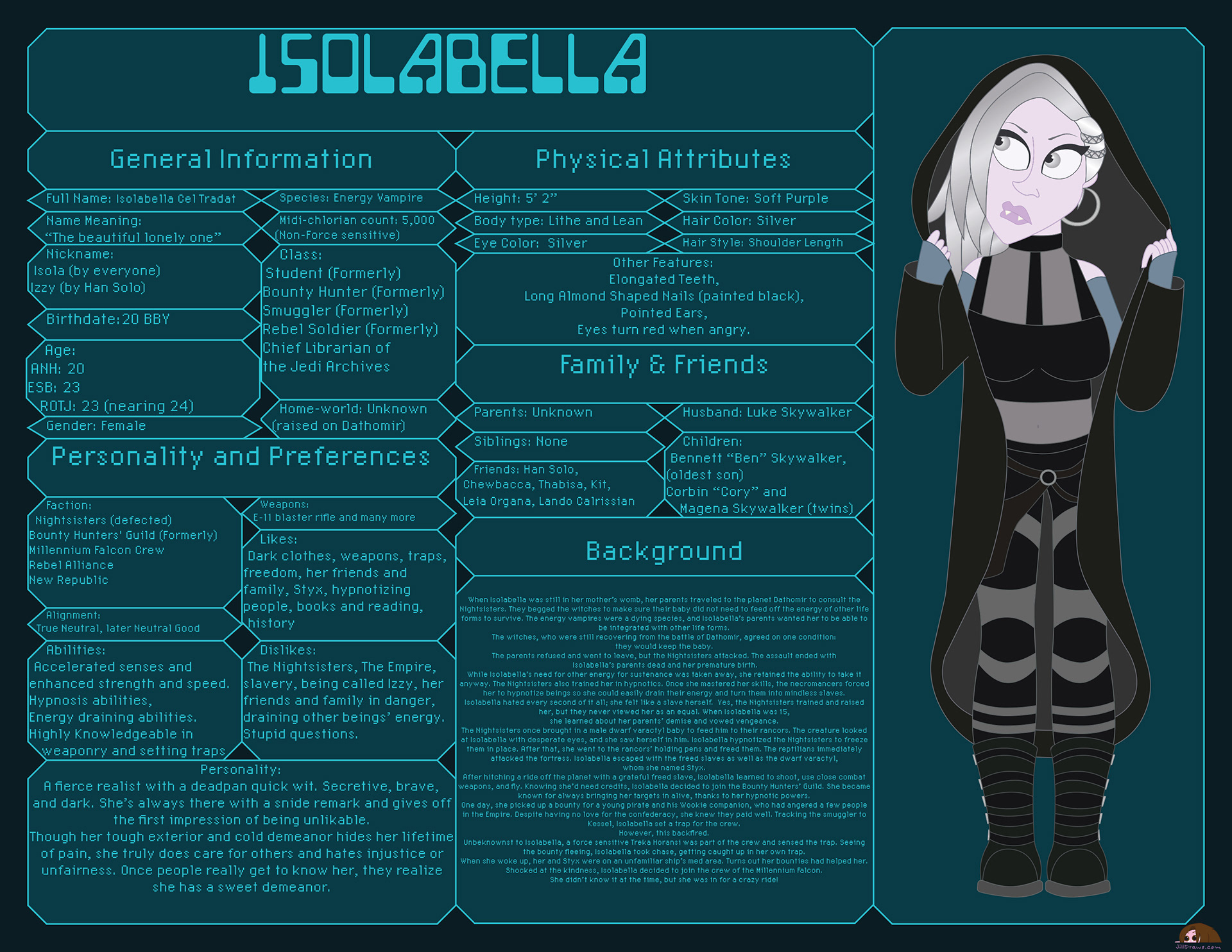 Isolabella Cel Tradat: Back in middle school an old friend and I made a few Star Wars OC's. I've recently been revamping a few and here's the first one. Everyone meet Isolabella Cel Tradat, an energy vampire! ...No, really, they're a real thing in Star Wars. Mace Windu fought one in No Way Out Star Wars: Clone Wars Adventures Vol. 9. She's the sassy newest member of the Millennium Falcon and Luke Skywalker's love interest. (no disrespect to Mara Jade, this is just my head canon) Voice: Christina Ricci (child and teen, think Wednesday from The Addams family movies) Amy Lee (adult) Star Wars copyright to LucasFilms and Disney, All rights reserved. ArtWork copyright to jilldraws.com, All rights reserved