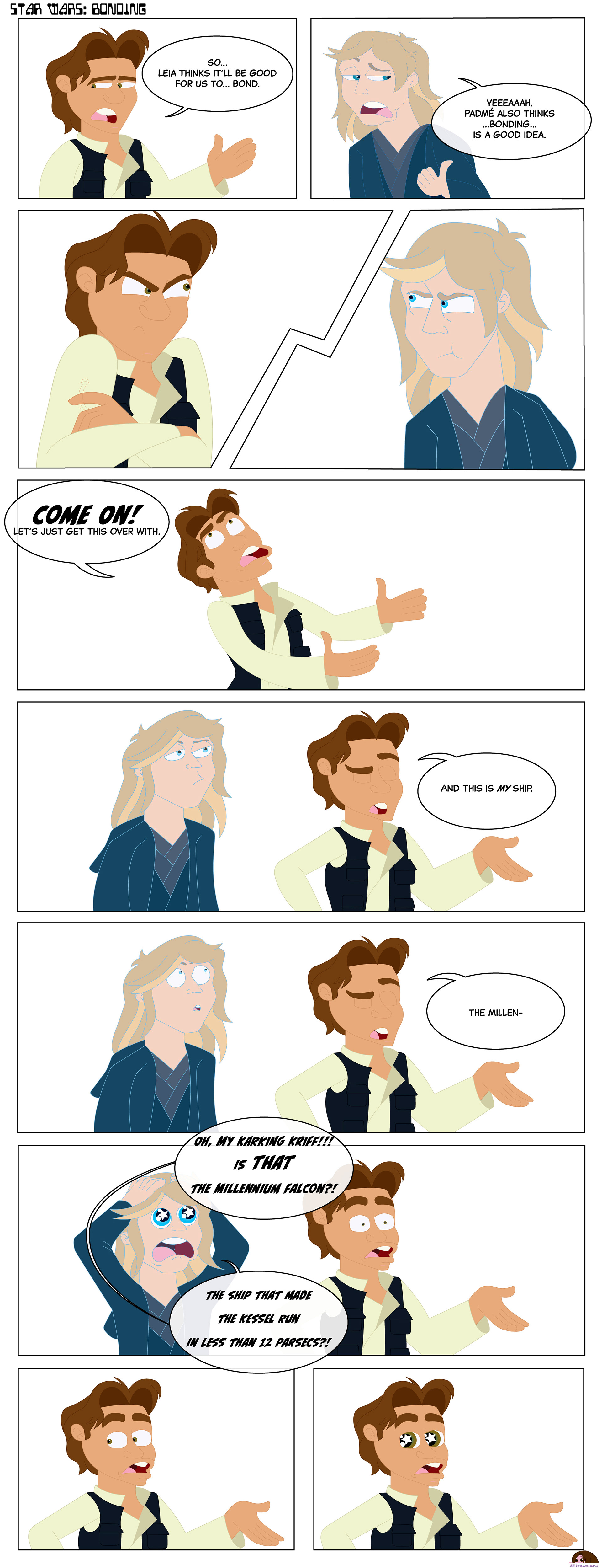 Bonding: Been watching a lot of Star Wars lately and noticed that everyone either doesn't know about the Millennium Falcon or thinks it's a piece of junk. Since Anakin is probably the best pilot is the Star Wars series (After Han, of course) I wonder, what he would think of the Falcon? So that idea, a "Meet the Parents" joke throw in there, I came up with this! Enjoy! Star Wars copyright to LucasFilms and Disney, all rights reserved ArtWork copyright to jilldraws, all rights reserved