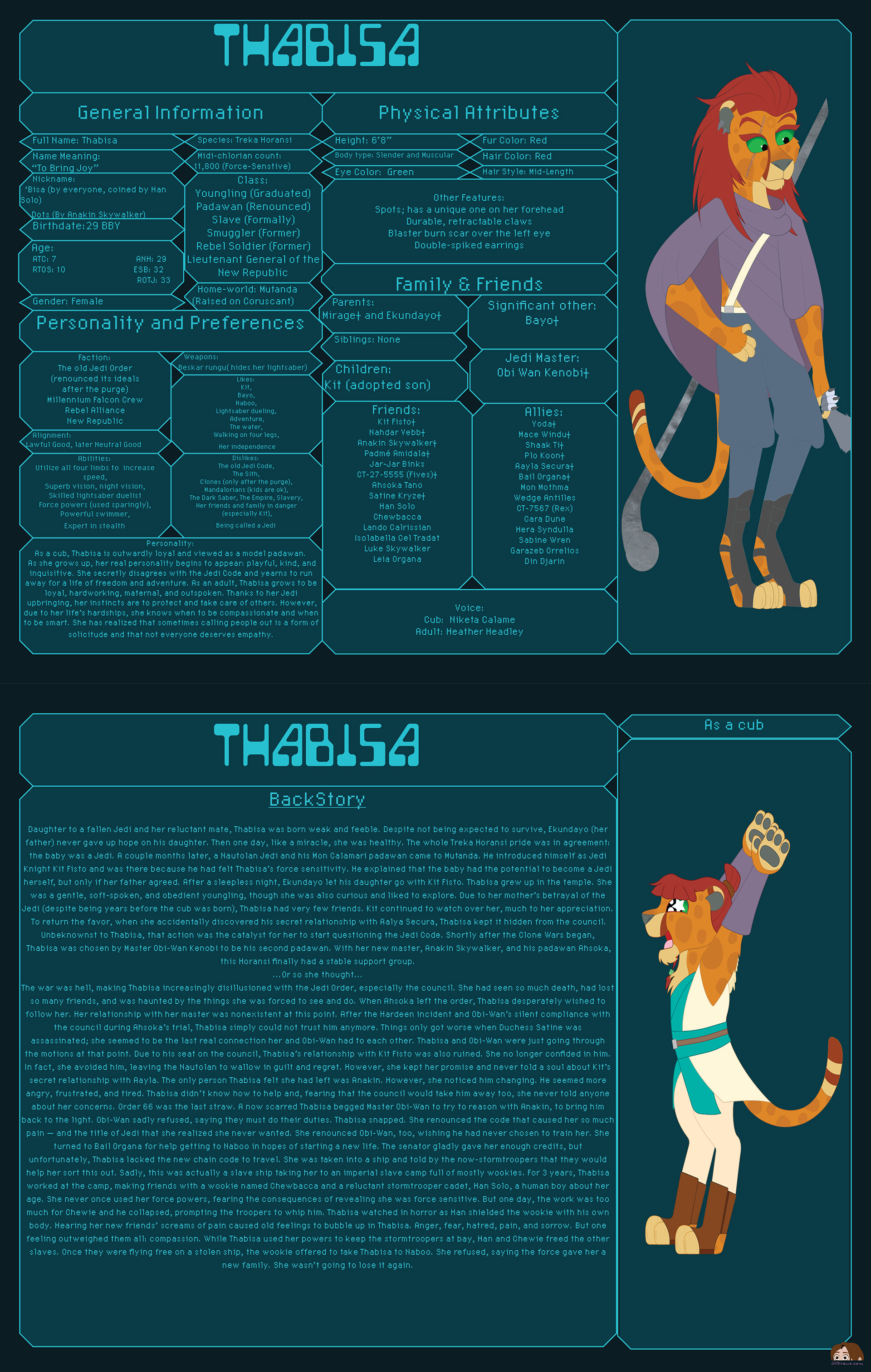 Thabisa: Second character biography of my Star Wars characters revamps. Everyone meet Obi-Wan's second padawan Thabisa, The Treka Horansi. A Jedi turned smuggler turned rebel! WARNING: Spoilers for Star Wars: The Clone Wars in backstory. Star Wars copyright to LucasFilms and Disney, All rights reserved ArtWork copyright to jilldraws.com, All rights reserved