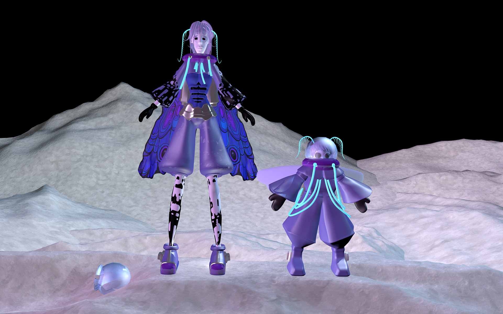 Charakterdesign der Weltraummotte Miu Mori (links: erwachsene Motte, rechts: junge Motte)