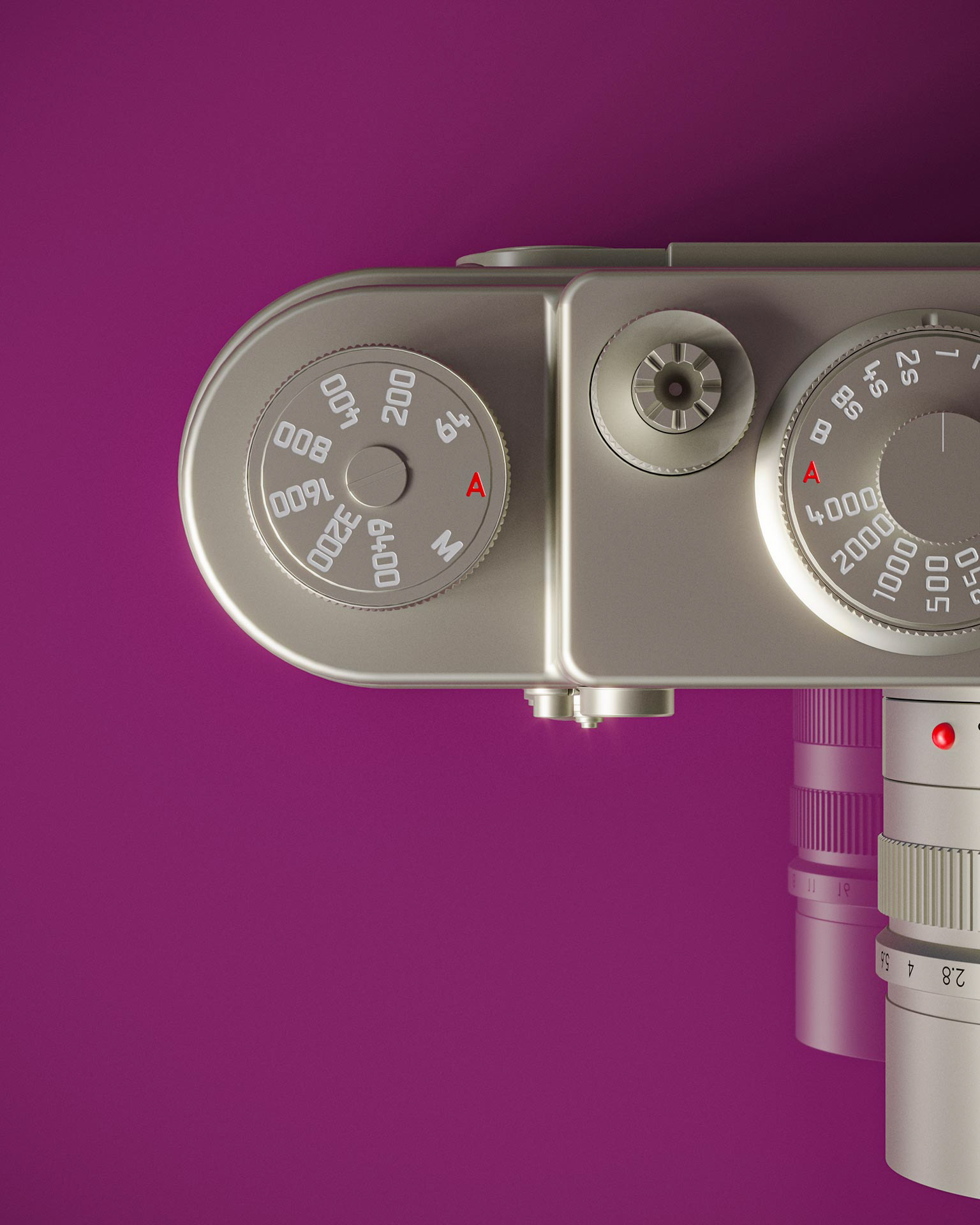 “Render 3D fotorrealista de una cámara fotográfica sobre fondo malva”