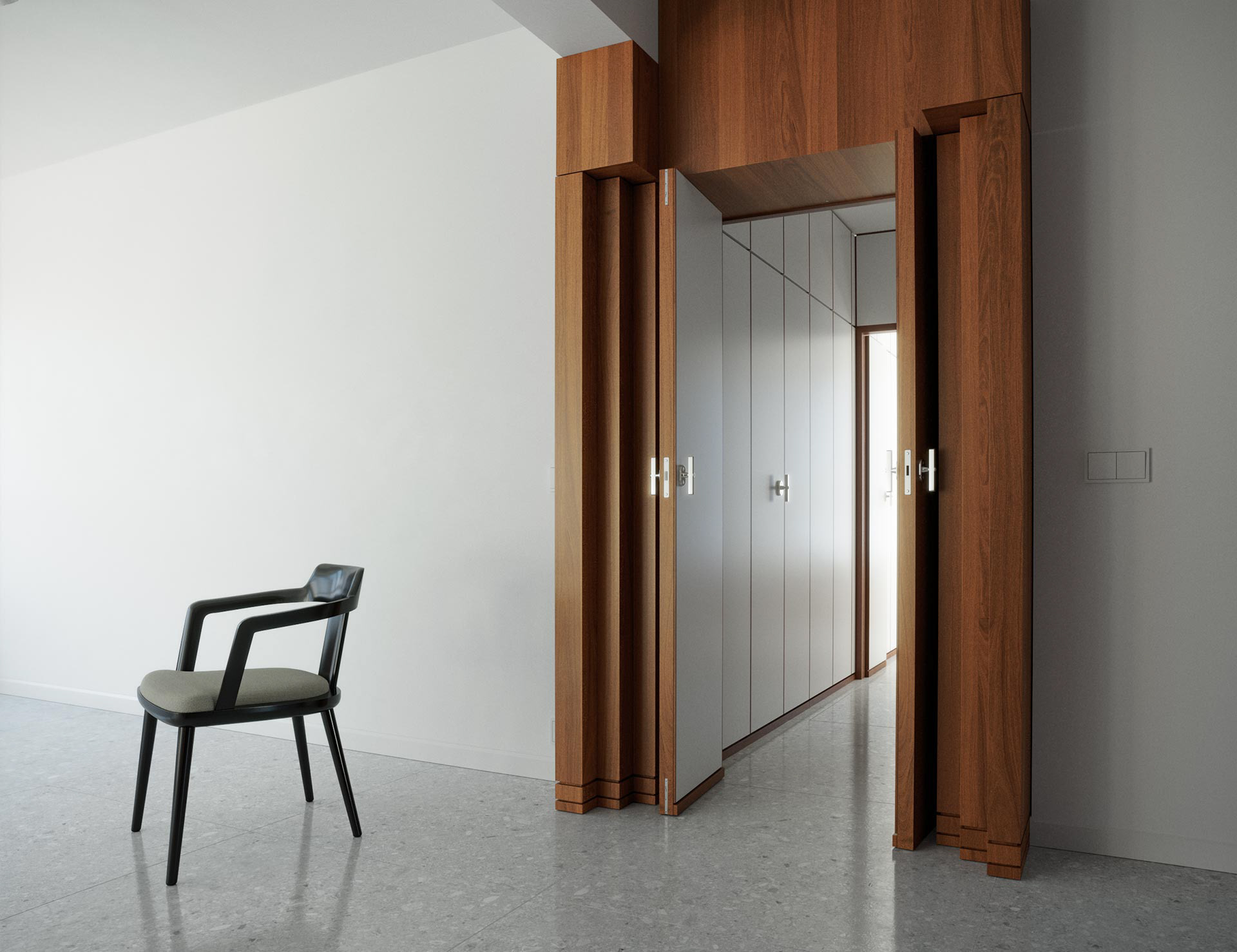 “Render 3D fotorrealista de una silla moderna negra delante de una puerta de madera”  