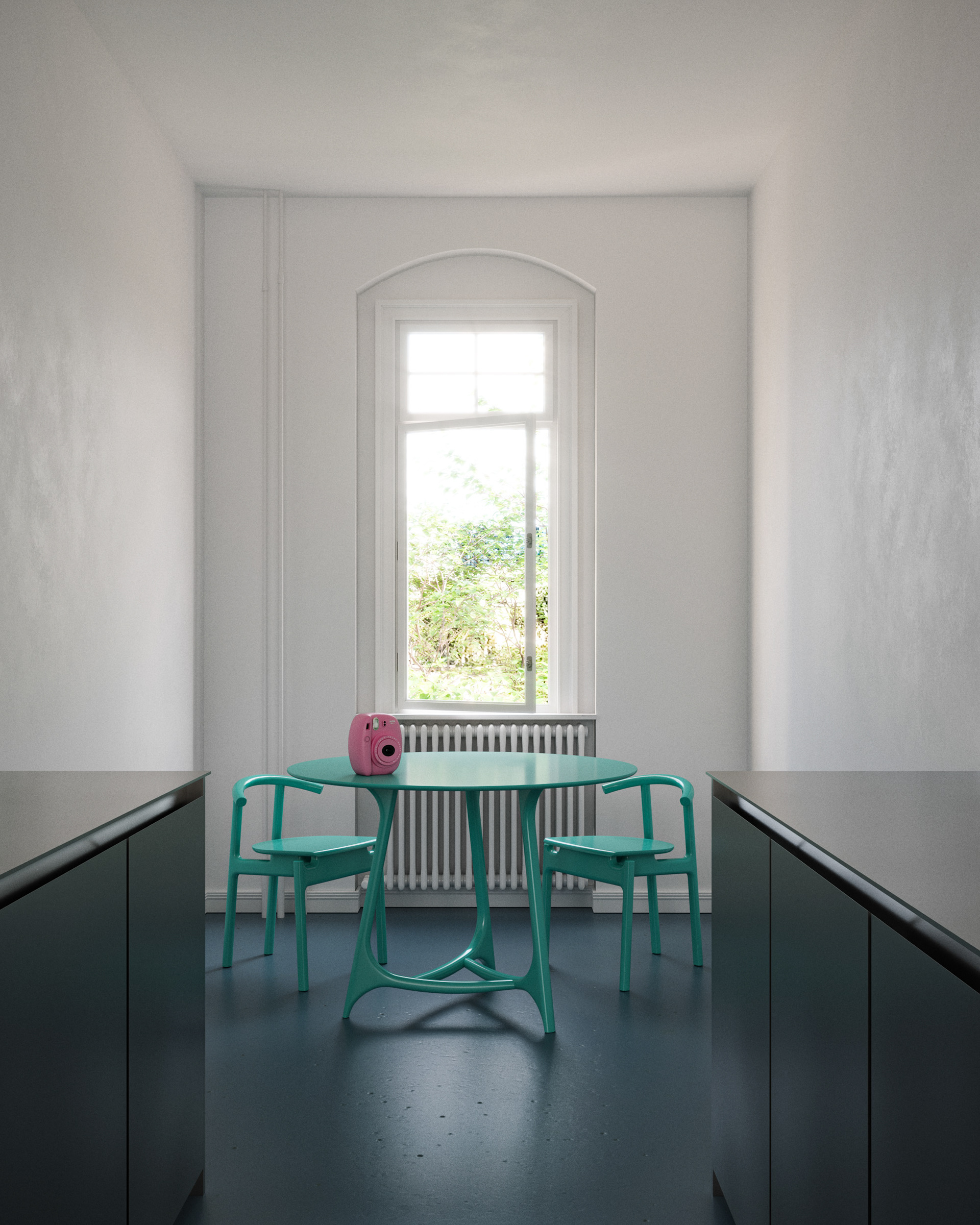 “Render 3D fotorrealista de una cocina con mesa y sillas de color verde turquesa y ventanal” 