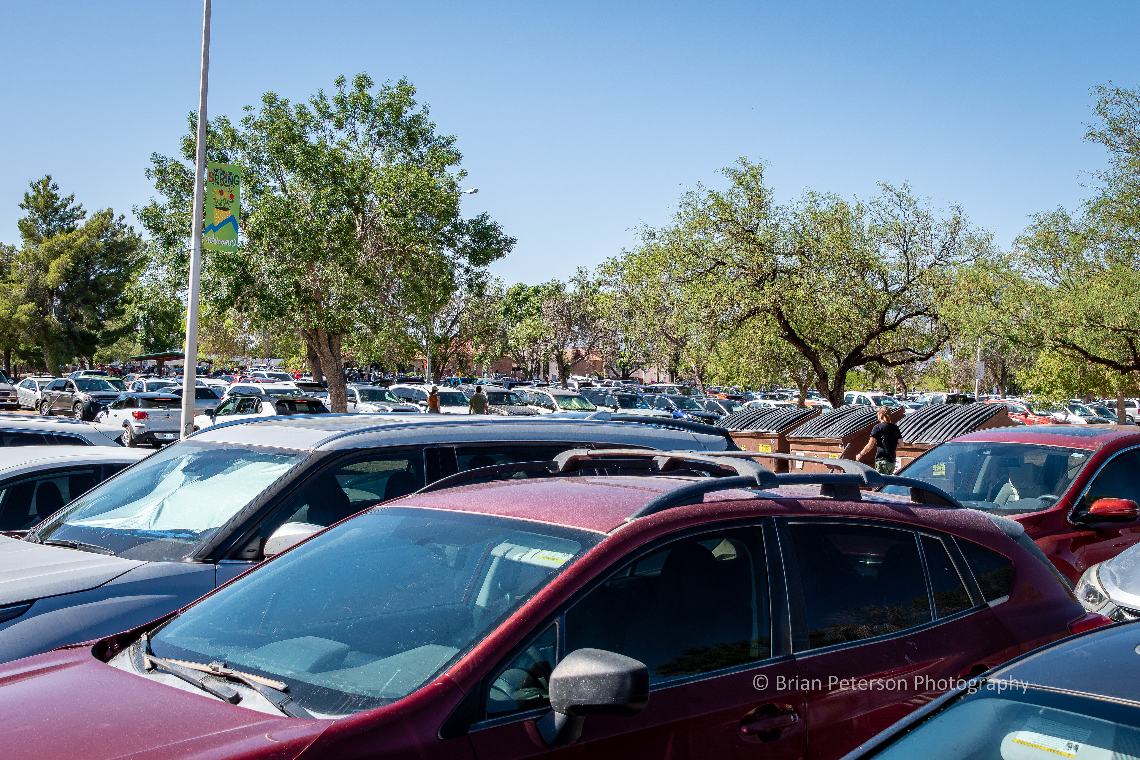 View of hundreds of cars at the Veterans Memorial Park parking lot.