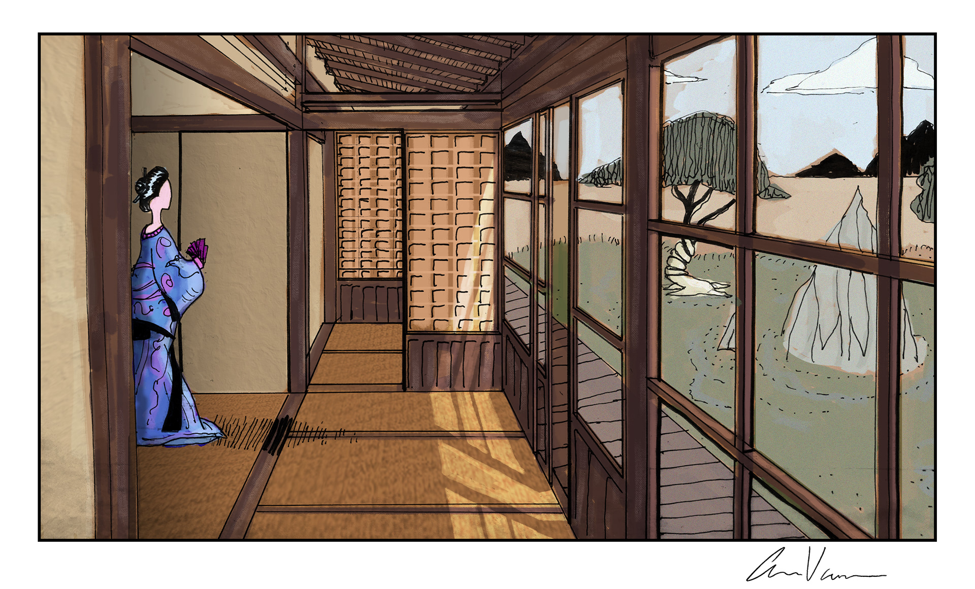 Japanese House - Academic Assignment - Hand Drawn, Painted in Photoshop