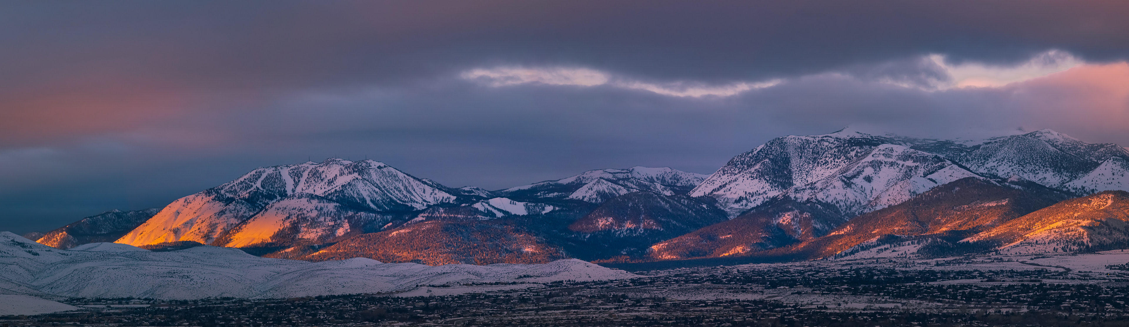 Slide Mountain and Mount Rose in Reno at dawn. Panorama.