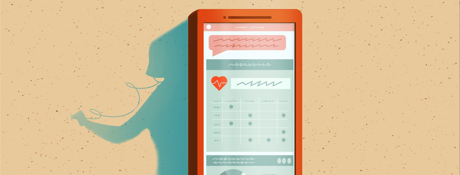 A doctor shadow coming out of a phone with medical records on it