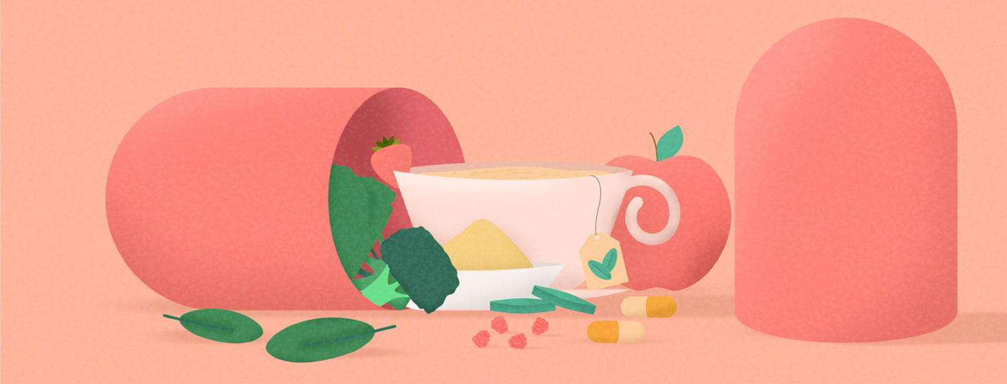 a pill open with tea, vegetables, fruits, and vitamins coming out