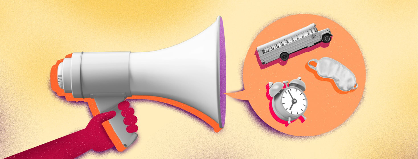 a megaphone with a speech bubble coming out with a buss, clock, and mask