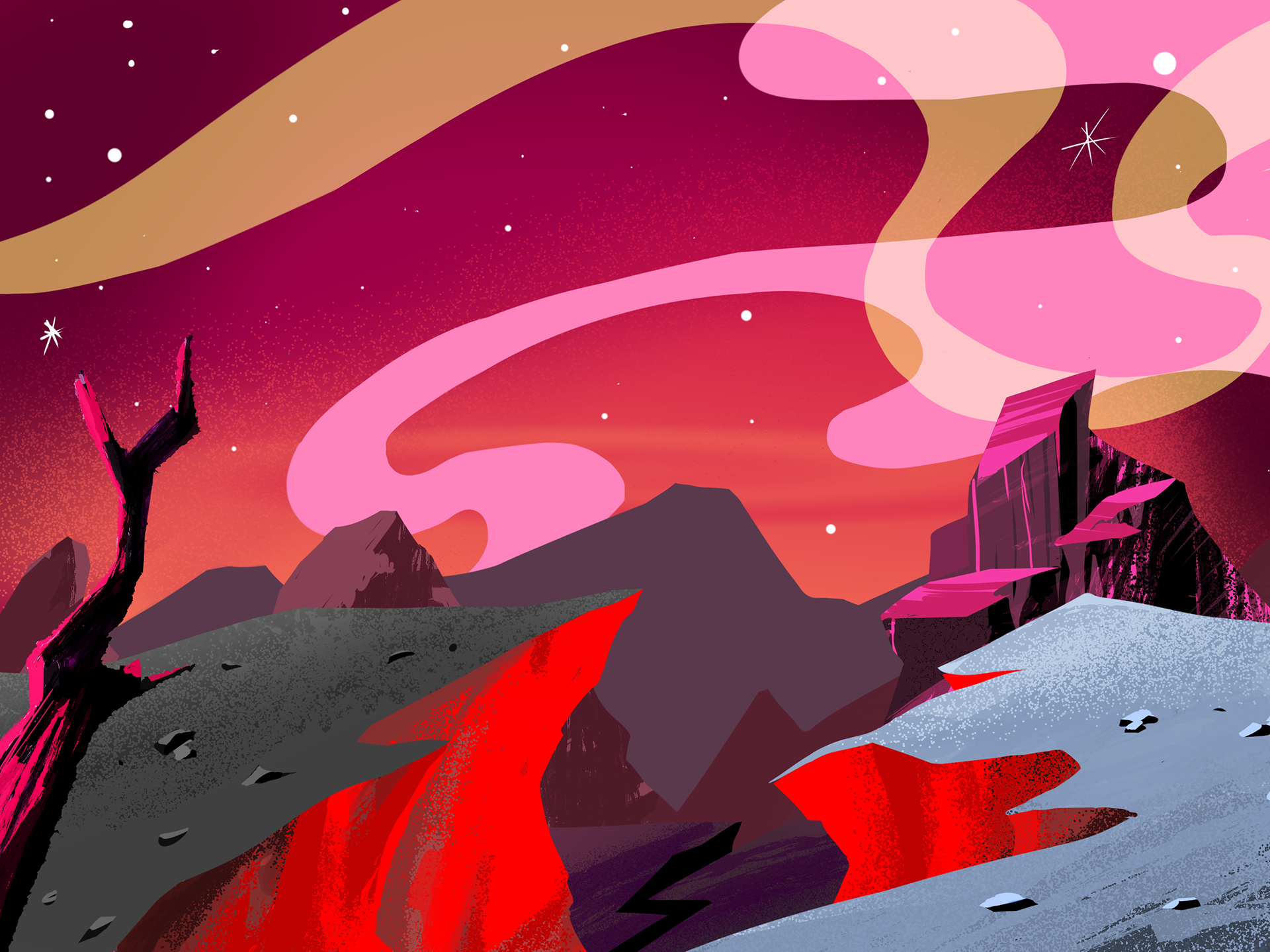 A spacey galaxy canyon used for a book illustration. Done in Clip Studio Pro..