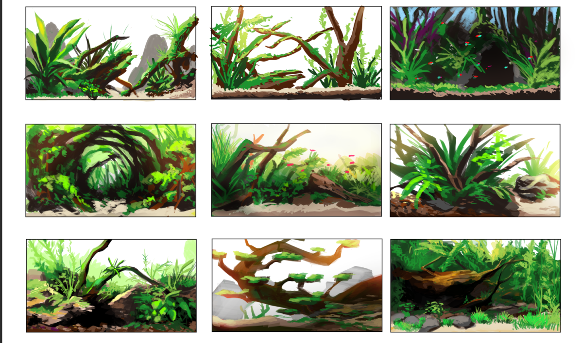 A few digital painted concept designs on how I was going to decorate my fish tank. Done with Clip Studio Pro.